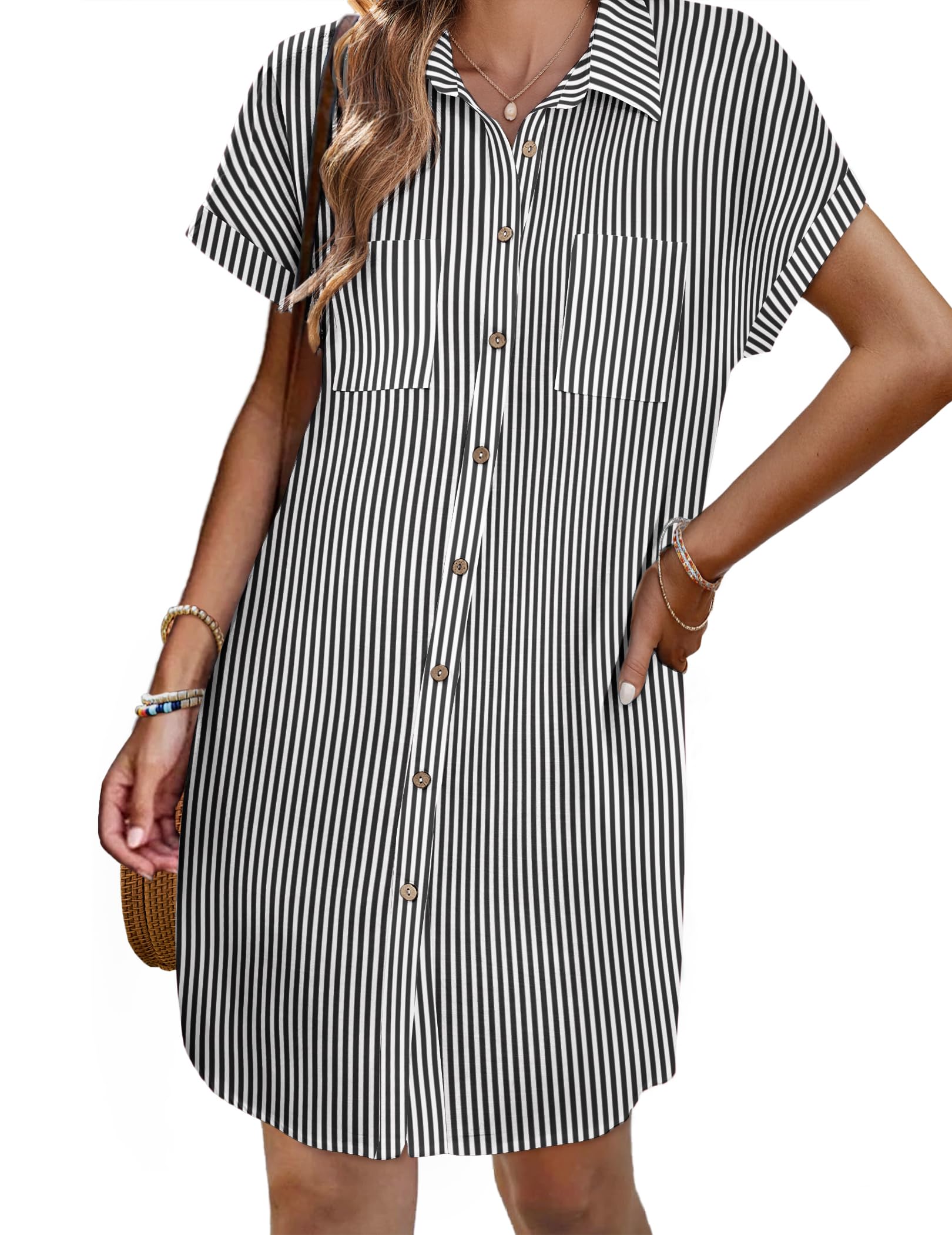 Zeagoo Women's Summer Cotton Linen Button Down Shirt Dress - V-Neck Short Sleeve Loose Tunic Mini Dress for Casual Wear, Beach Outings & Office Chic