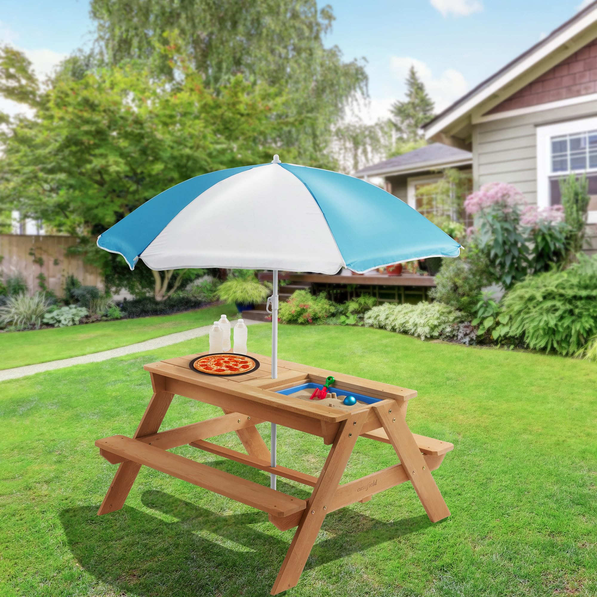 Casafield 3-in-1 Wooden Kids Sand and Water Play Table with Umbrella - Outdoor Activity Table with 2 Play Boxes & Removable Lid - Perfect for Backyard, Patio, Beach & Preschool Playtime