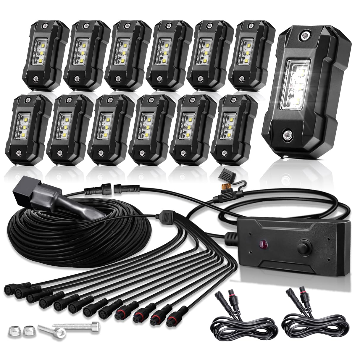 R4 White Rock Lights Kit - 12PCS Super Bright LED Underglow Lights for Offroad Trucks, ATV, UTV, SUV - Waterproof & Shockproof Underbody Lighting with Switch & Wire Harness - Perfect for Night Off-Roading, Car Shows & Custom Vehicle Lighting