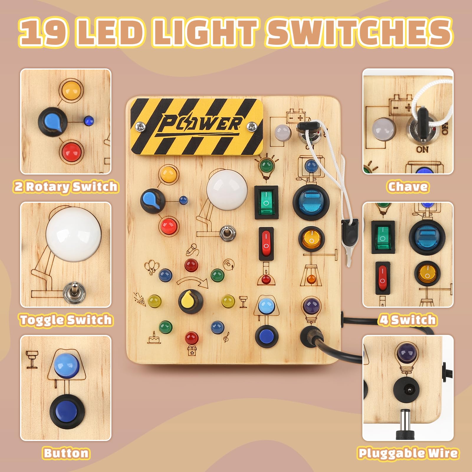Joyreal Montessori Busy Board - Wooden Sensory Toy with LED Light Switch for Toddlers 18+ Months | Educational Travel Toy for 1-3 Year Old Boys & Girls | Perfect Gift for Learning Fine Motor Skills & Focus - Great for Airplane, Car Rides & Quiet Playtime