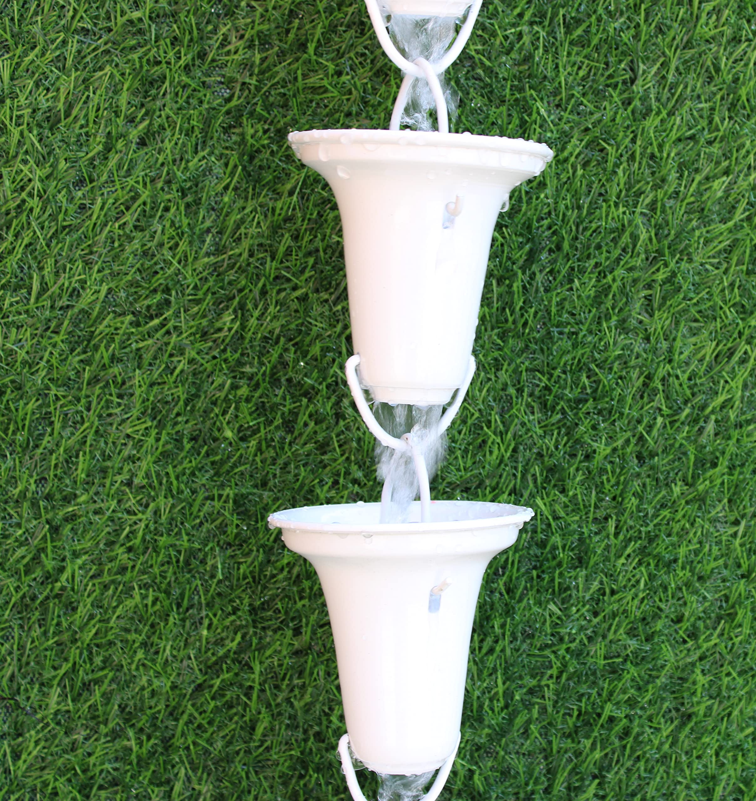 KAM Home Flared Cups Rain Chain with Brass Bolt Gutter Adapter - 10 Pack White Decorative Rainwater Diverter for Garden, Patio & Downspout Drainage System