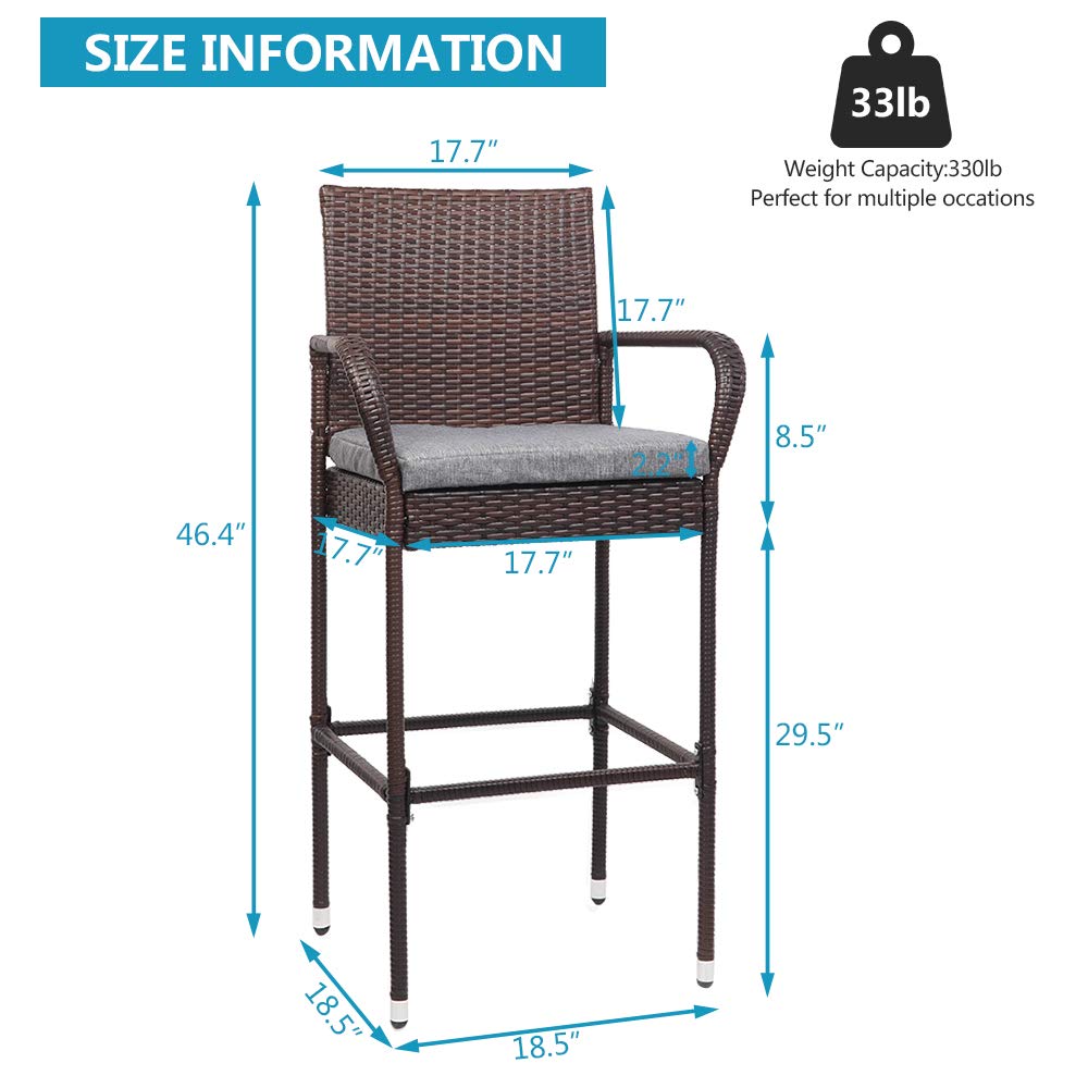 VINGLI 2-Piece Outdoor Wicker Bar Stool Set with Cushions - 30