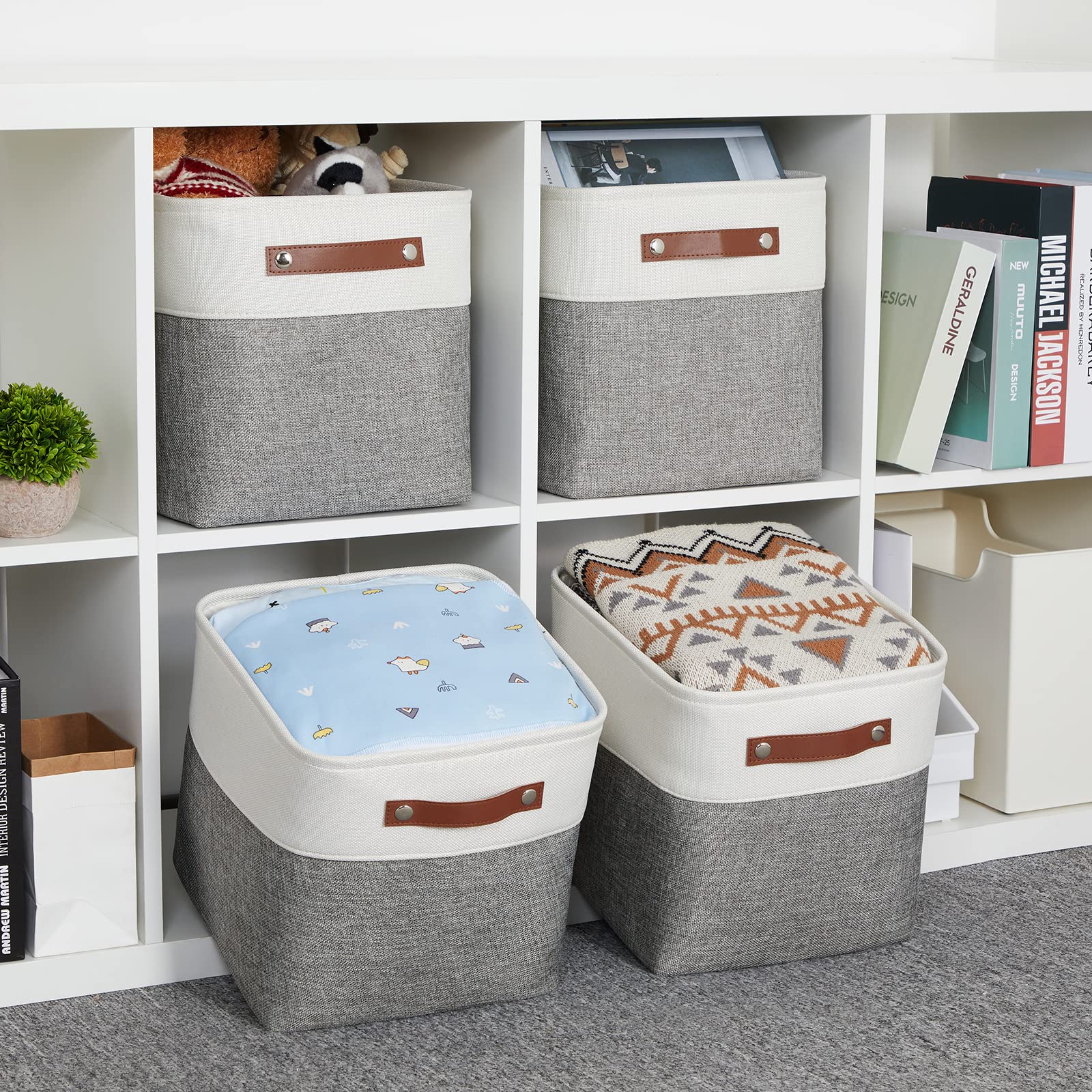 HNZIGE 11x11 Inch Foldable Fabric Cube Storage Bins with Handles - Set of 4 for Home Organization, Shelves, Closet, Nursery & Bedroom - Perfect for Toys, Clothes & Accessories (White & Gray)