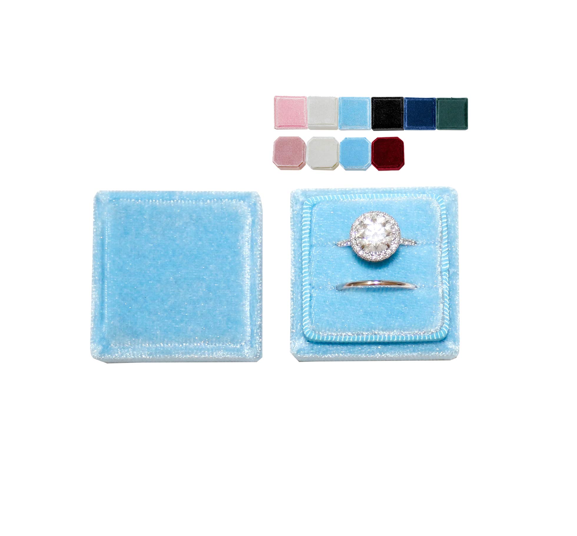Velvet Square Single Ring Box - Vintage Wedding Ceremony & Engagement Ring Holder with Detachable Lid - Photography Prop & Modern Slim Display for Jewelry Showcase (Dusty Sky Blue, Double Ring) - Perfect for Wedding Proposals, Bridal Photography, and Jewelry Store Displays