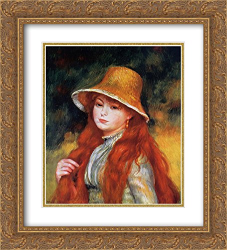 Pierre Auguste Renoir 'Young Girl in a Straw Hat' 20x22 Inch Gold Ornate Framed Art Print - Double Matted Museum Quality Wall Decor for Living Room, Bedroom & Office