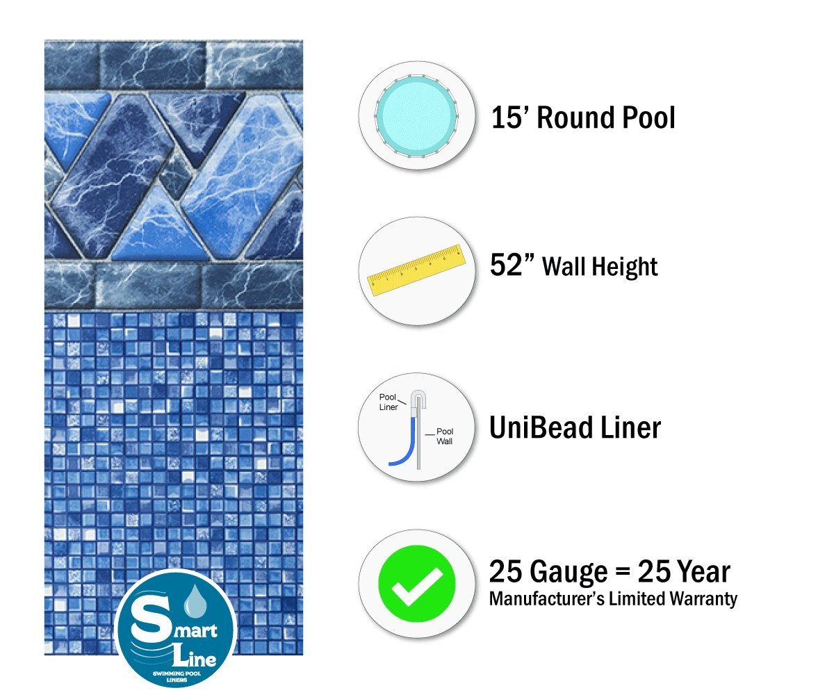 Smartline Stone Harbor 15-Foot Round Pool Liner | UniBead Style | 52-Inch Wall Height | 25 Gauge Virgin Vinyl | Heavy Duty Above Ground Swimming Pool Replacement Liner | Universal Gasket Kit Included | Perfect for Backyard, Family, and Summer Pool Parties