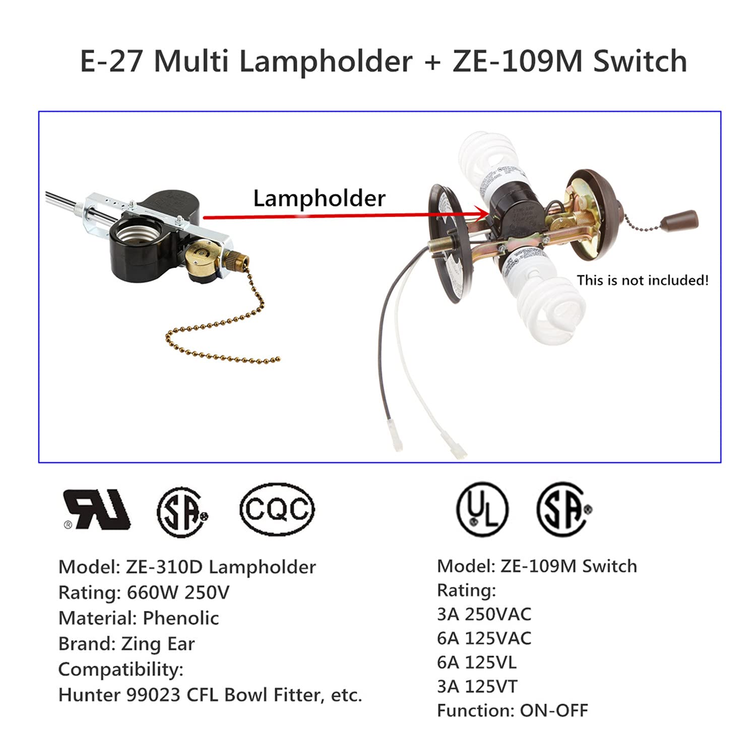 **DAYONE Ceiling Fan Light Kit with E-27 Multi Lampholder Socket & Zing Ear ZE-310D Switch - Includes ZE-109M Pull Chain for Easy Control (Antique Bronze) - Perfect for Bedroom, Living Room & Home Office Lighting**