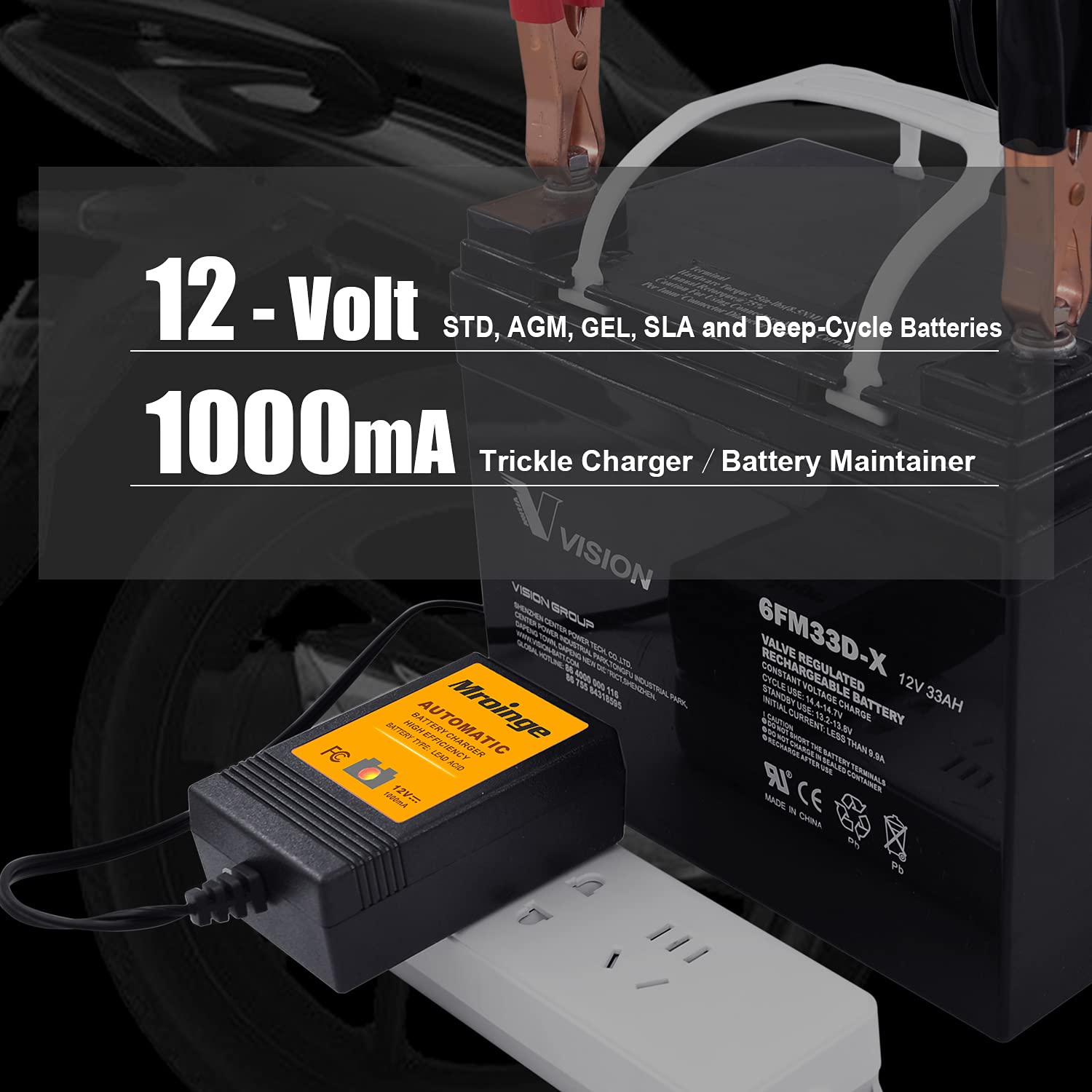 12V 1000mA Smart Trickle Battery Charger & Maintainer - Automatic Float Charger for Motorcycle, ATV, Lawn Mower, Boat, RV - Ideal for Winter Storage & Long-Term Battery Maintenance