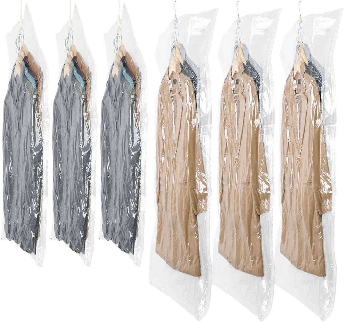 6 Pack Hanging Vacuum Storage Bags - Jumbo & Large Space Saver Vacuum Seal Bags for Clothes, Dresses, Coats | Heavy Duty Hanging Hooks | Reusable Closet Organizer | Perfect for Seasonal Clothing Storage & Travel Packing