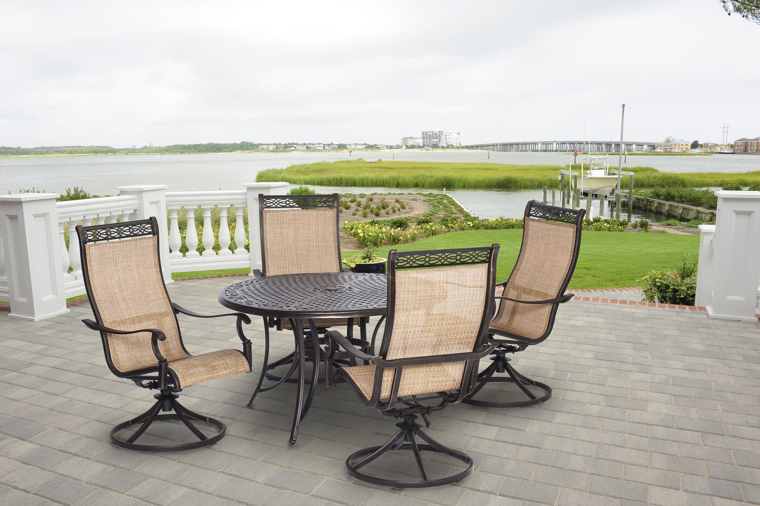 Hanover Manor 5-Piece Outdoor Dining Set - Rust-Resistant Aluminum Patio Furniture with PVC Sling 360° Swivel Rocking Chairs & Round Table for Backyard, Deck, Porch - Perfect for Outdoor Entertaining & Relaxation