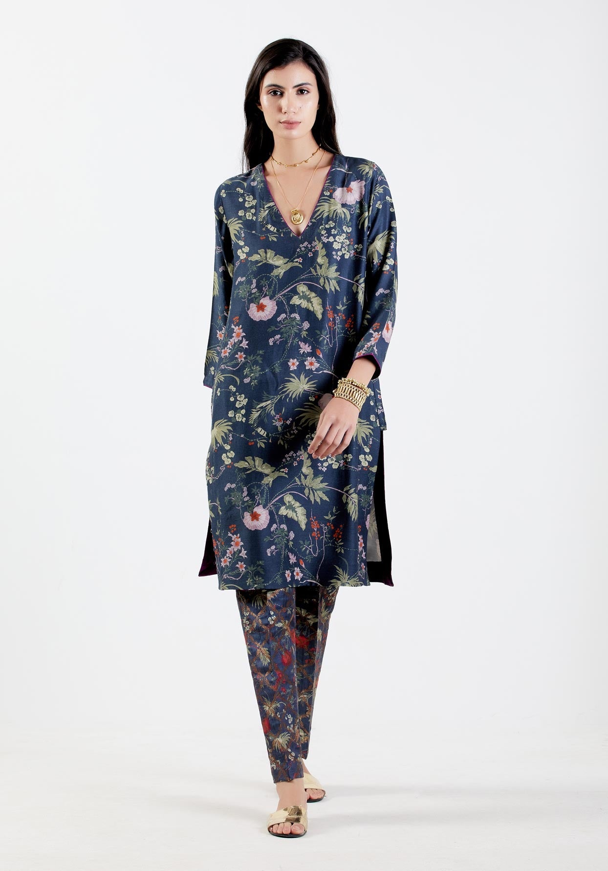 Elegant V Neck Kurta for Women - Premium Muga Satin Fabric in Midnight Blue - Perfect for Festivals, Weddings & Special Occasions