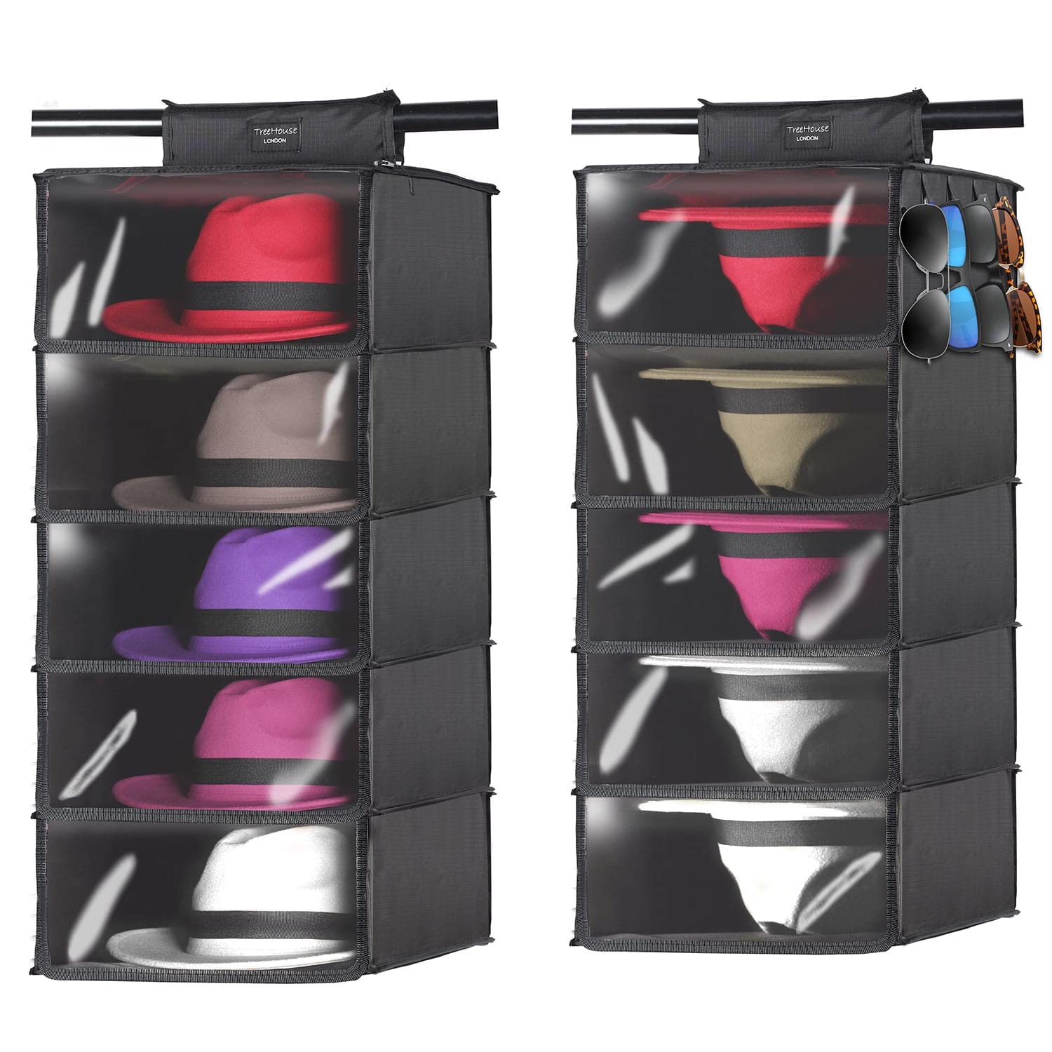 TreeHouse London XL Fedora Hat Rack with Dust Cover - Closet Hanging Cap Organizer for Men & Women - Pack of 2 Cowboy Hat Holders - Storage Shelf Organizer for Bowler & Wide Brim Hats - Perfect for Bedroom, Closet & Entryway Organization - Dustproof Hat Storage Solution