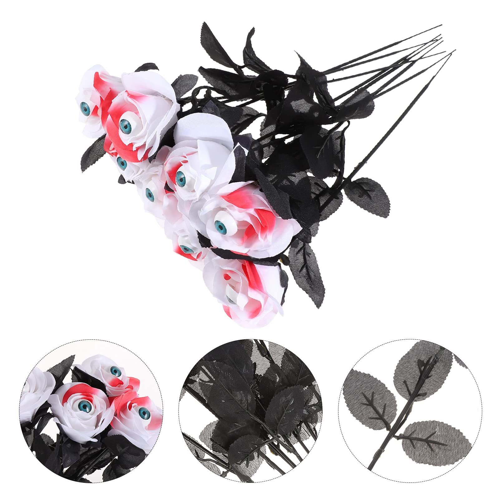 8pcs Black Silk Rose Stems with Eyeball Flowers - Fake Rose Bouquet for Halloween Decor, Wedding Centerpieces, Bride Table Accessories, and Home Dining Decor - Polyester Artificial Roses