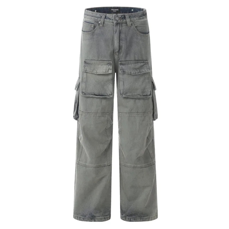 Vintage Washed American Multi-Pocket Overalls - High Waisted Straight Wide Leg Cargo Pants for Women (Style 28W3875) | Perfect for Fall Fashion, Workwear & Street Style Outfits