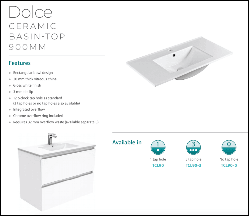 Fienza Dolce 900mm White Bathroom Vanity Unit with Kickboard - Modern TCL90TK Hampton Design for Small Spaces | Perfect for Apartments, Guest Bathrooms & Powder Rooms