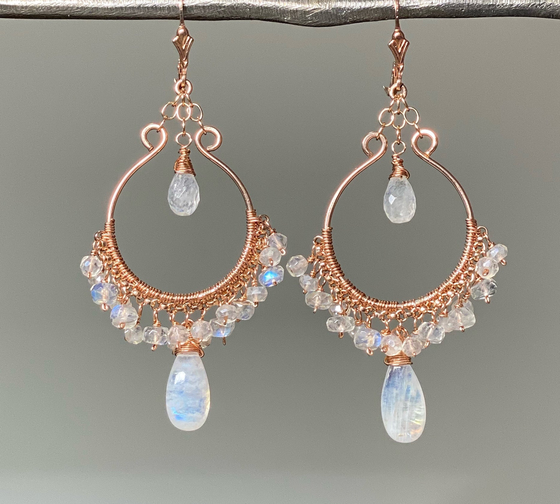Rainbow Moonstone Rose Gold Hoop Chandelier Earrings for Women - Elegant Dangle Drop Earrings for Party, Wedding & Special Occasions