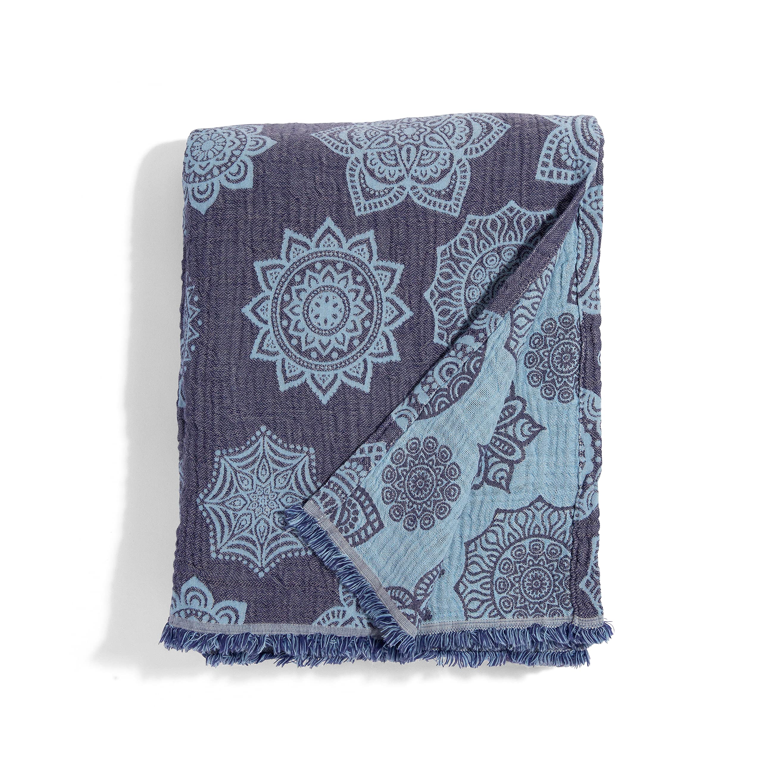 InfuseZen Turkish Cotton Blanket – Reversible Floral Medallion Print – 100% Breathable Muslin Weave Throw – Lightweight Gauze Blanket 92