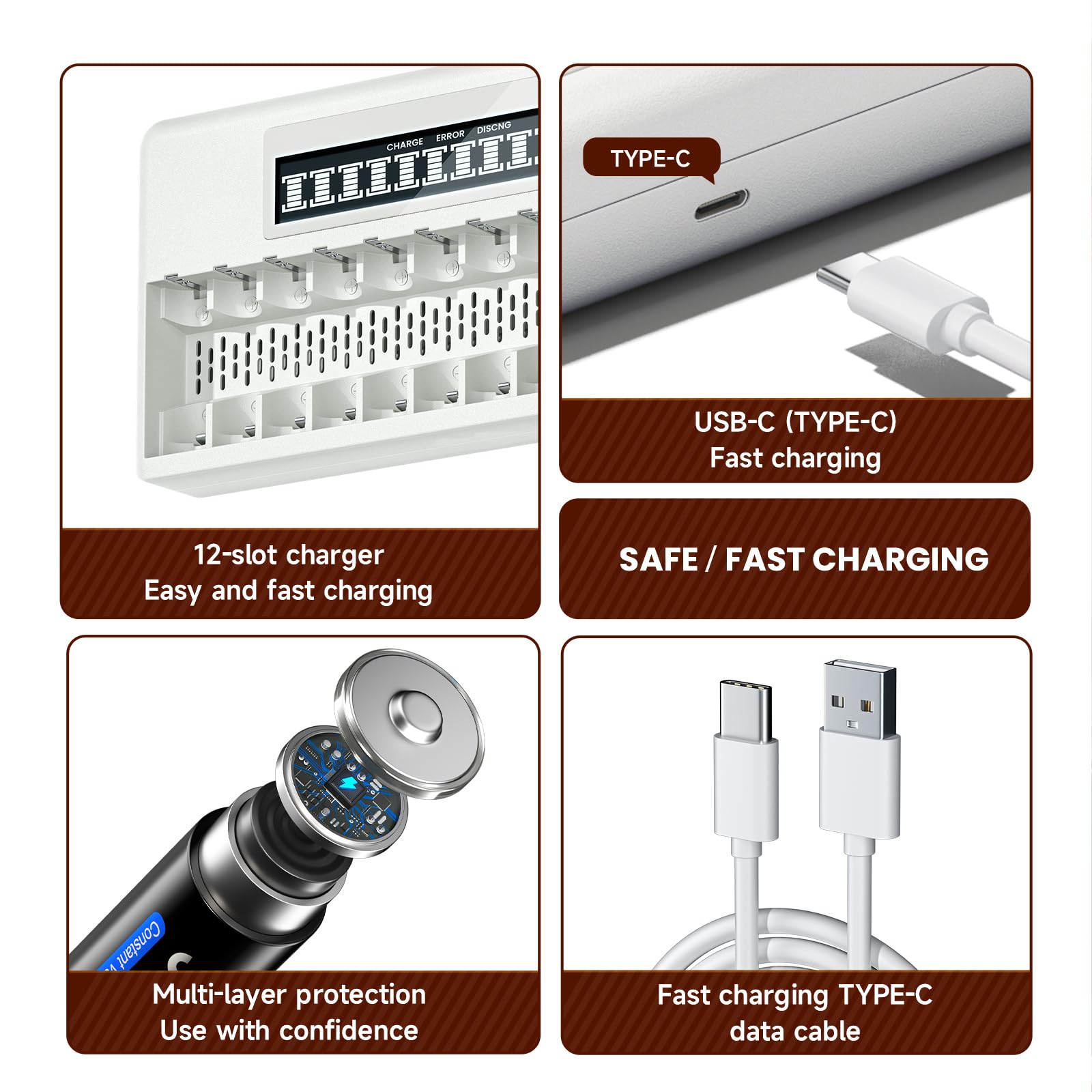 CITYORK 12 Slots AA AAA Battery Charger for 1.5V Rechargeable Lithium Batteries with LCD Display & Fast Charging - Perfect for Cameras, Toys, Remote Controls, and Electronic Devices