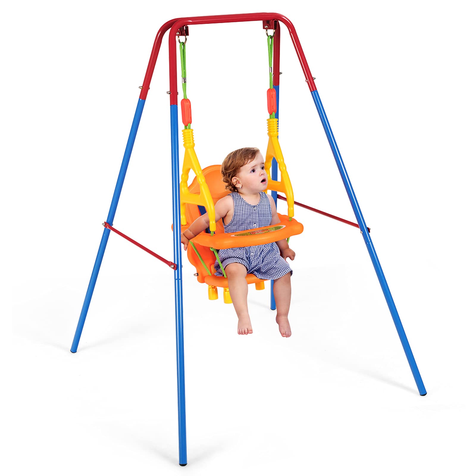 HONEY JOY Heavy Duty Metal A-Frame Toddler Swing Set with Safety Harness & Handrails - High Back Baby Swing Seat for Indoor & Outdoor Use - Perfect for Kids, Boys & Girls in Backyards, Playrooms & Parks