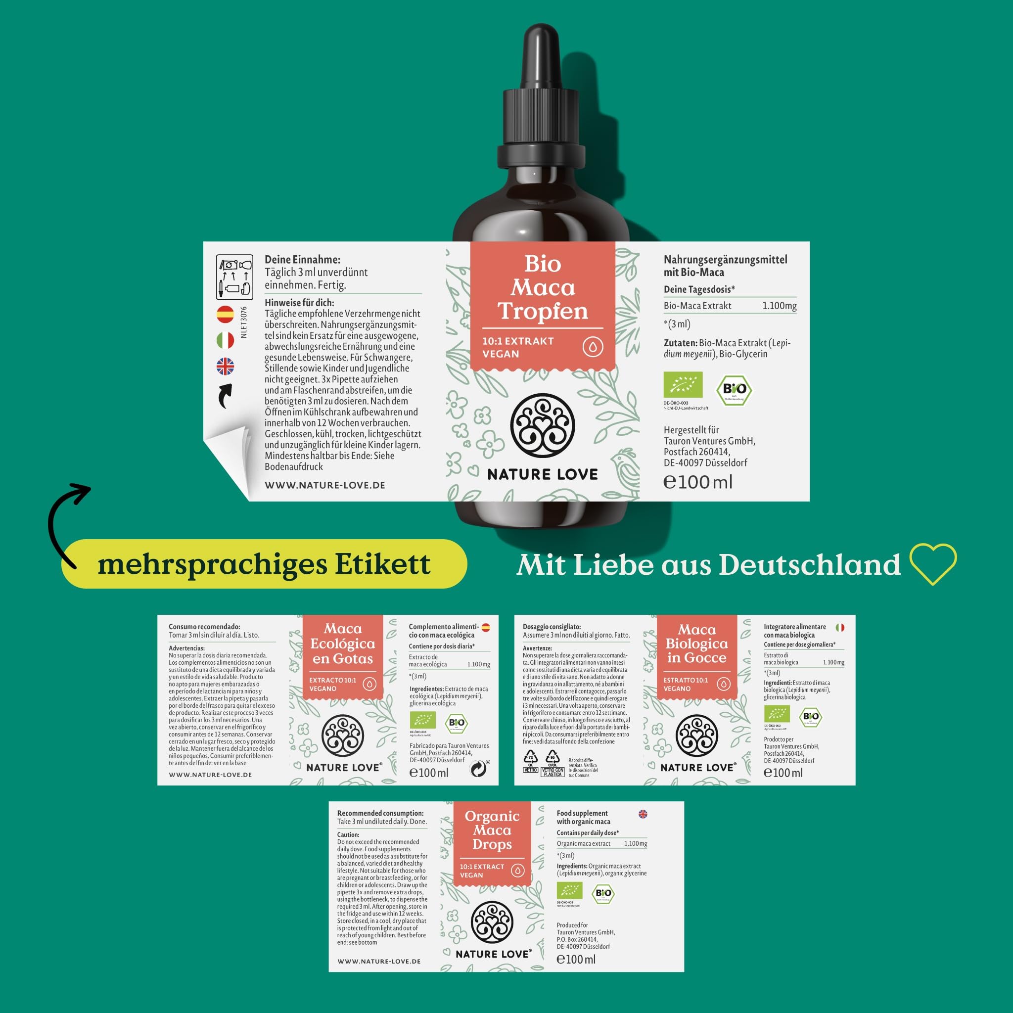 Premium Bio Maca Drops - 100ml (11,000mg Maca Per Daily Dose) 10:1 Extract - Black, Red & Yellow Maca Forms - Vegan, Made in Germany - Natural Energy Booster for Workouts & Daily Wellness
