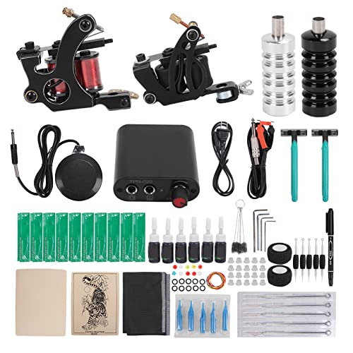 Professional Double Coil Tattoo Machine Kit with Power Supply, Foot Pedal & Clip Cord - Complete Starter Set for Beginners with Carbon Steel Shavers & Table Covers - Perfect for Home Tattoo Studio & Professional Practice Sessions