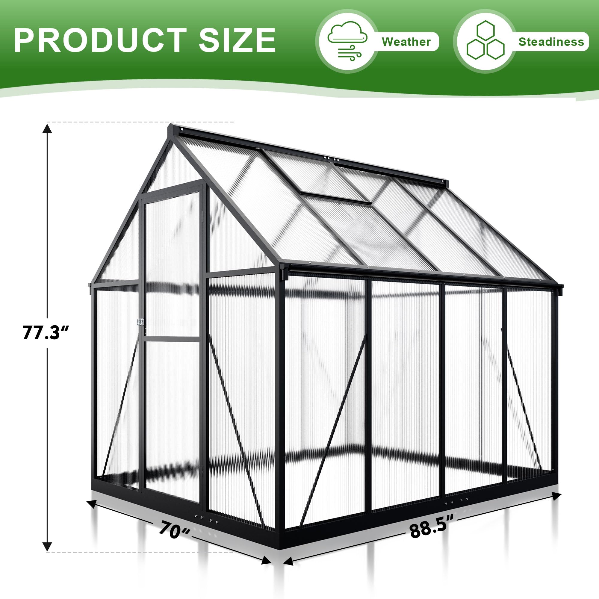 6x8 FT Polar Aurora Greenhouse - Quick Assembly Aluminum Frame with Polycarbonate Panels - Walk-in Outdoor Greenhouse with Ventilated Windows - Perfect for Backyard Gardening, Plant Growing & Home Farming