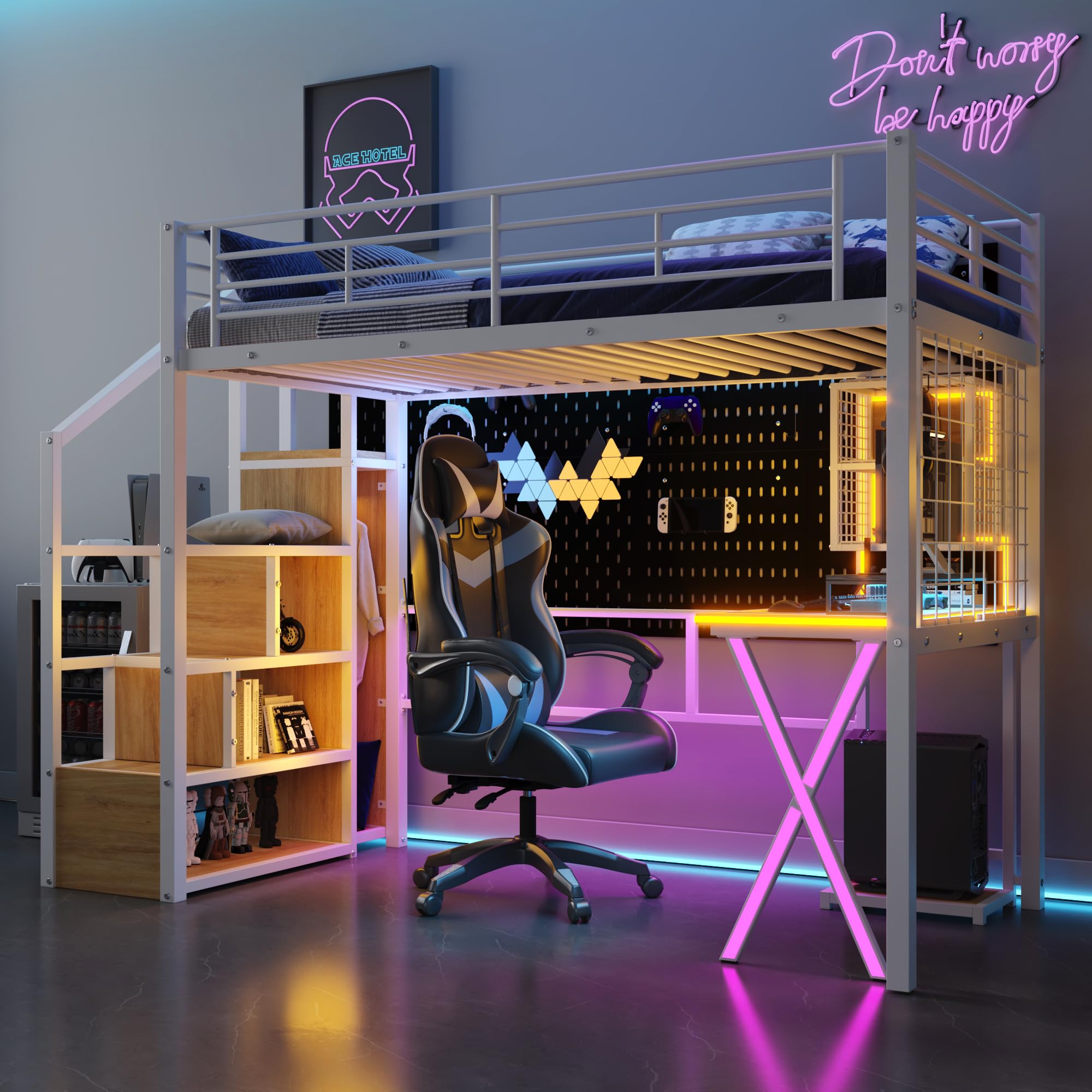 LZ LEISURE ZONE Twin Size Metal Loft Bed with Built-in Desk, Wardrobe, Storage Stairs & LED Lights - White | Space-Saving Bedroom Furniture for Teens, College Dorms & Small Apartments