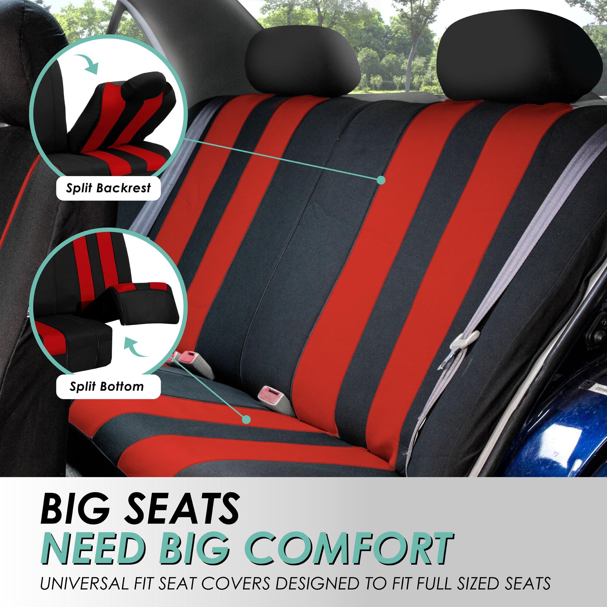 Premium FH Group Universal Car Seat Covers Full Set - Breathable Cloth Fabric, Airbag Compatible for Sedan, SUV, Van | Low Back Front & Split Bench Rear Seat Protectors | Perfect for Daily Commute, Road Trips & Family Travel (Red)
