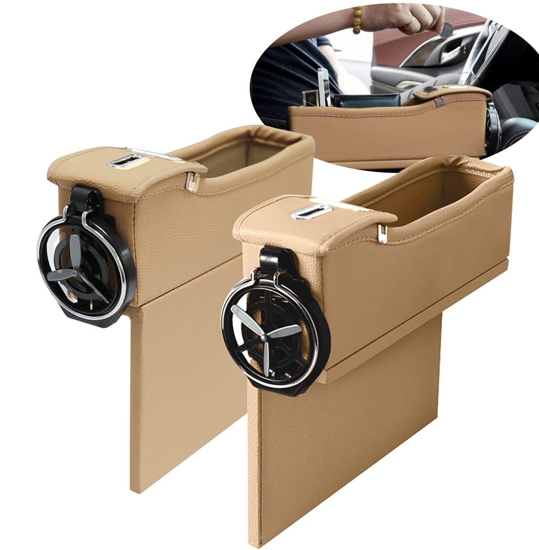 Premium PU Leather Universal Car Seat Gap Filler & Organizer - 2PCS Side Pocket Storage with Cup Holder for Smartphone, Keys, Wallet | Car Interior Accessories (Beige) | Perfect for Road Trips, Commuting & Keeping Your Vehicle Clutter-Free