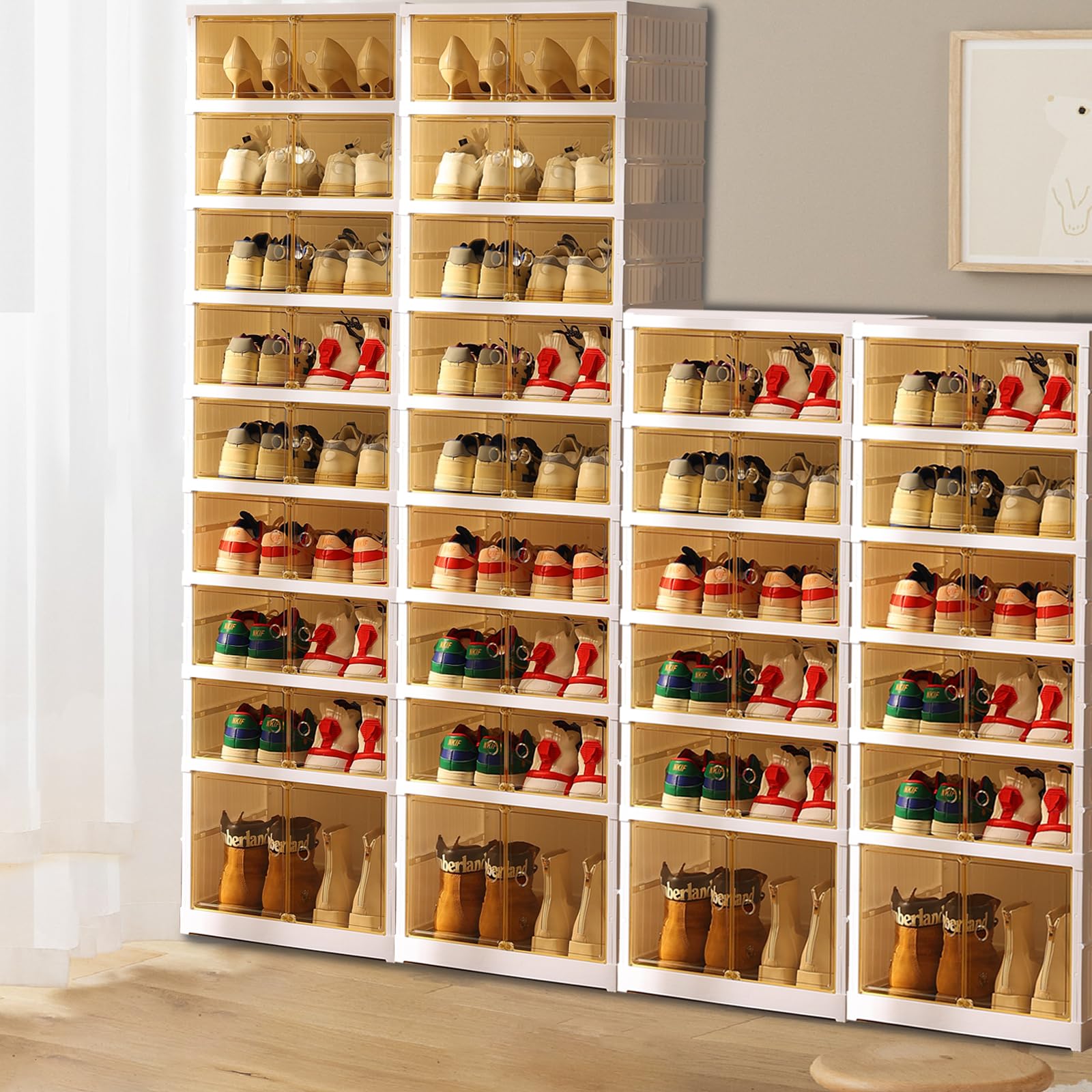 Portable Stackable Shoe Rack Organizer with Magnetic Clear Door - 6-Tier & 9-Tier Sneaker Storage Cabinet - Large Plastic Shoe Containers with Lids (Set of 4) - Perfect for Closet, Bedroom, Entryway Organization