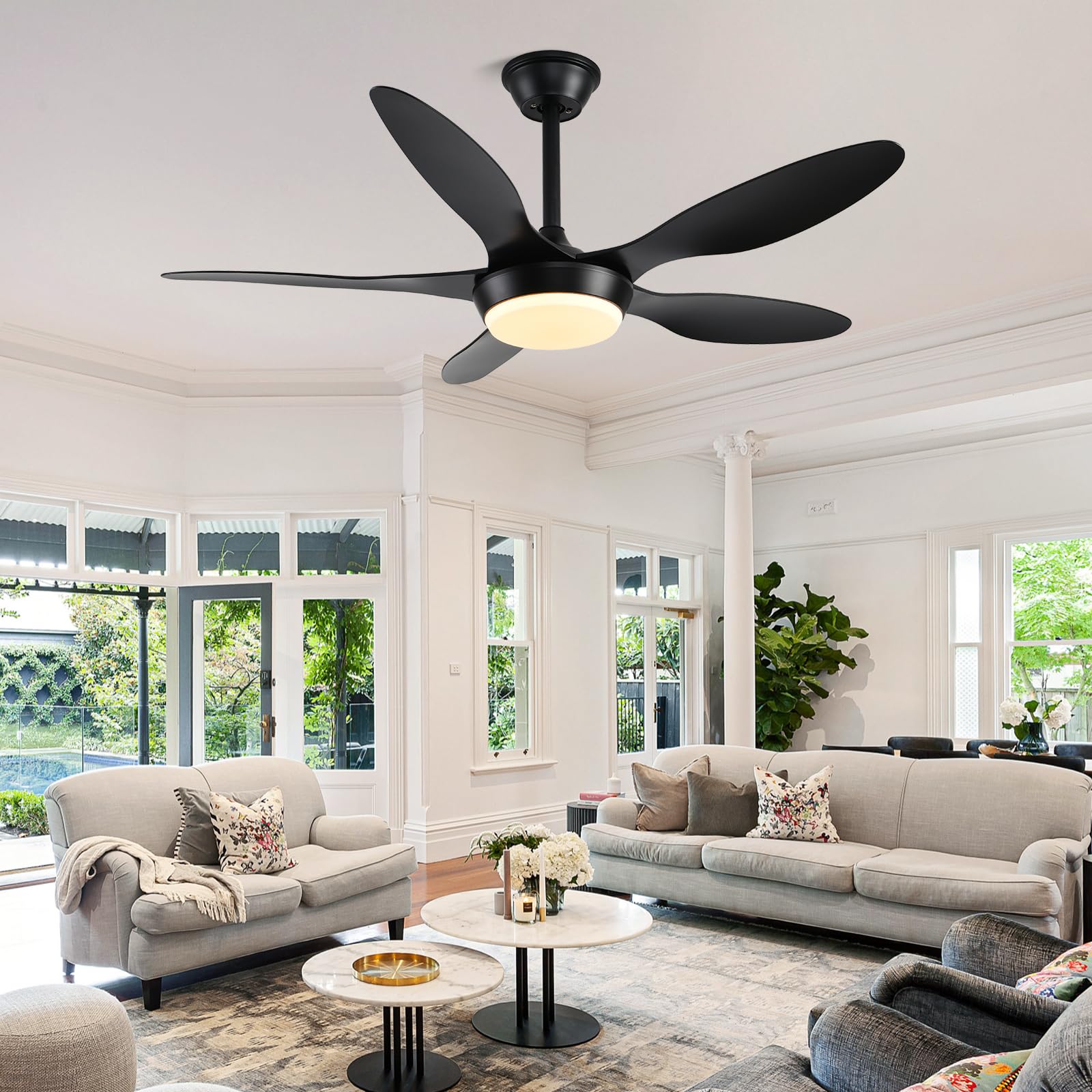 46 Inch Black Modern Ceiling Fan with Light - Remote & APP Control, Low Profile Reversible 6-Speed - Perfect for Indoor/Outdoor Use in Bedroom, Living Room, Patio, and Office Spaces