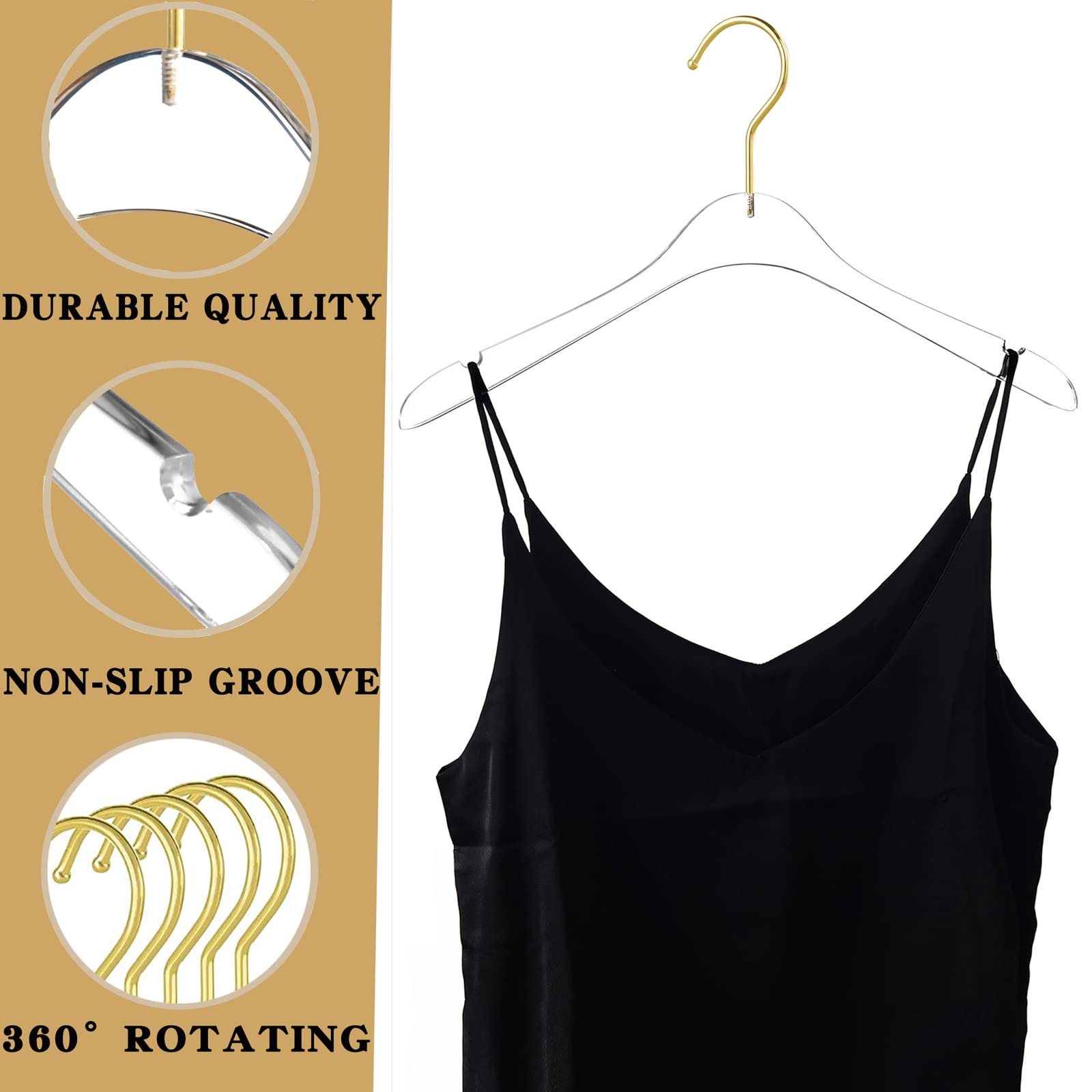 Besser 15 Pack Clear Acrylic Clothes Hangers with Swivel Gold Hooks - Premium Crystal Dress Hangers for Wardrobe Organization, Luxury Shiny Closet Essentials (Clear-Style B) - Perfect for Displaying Dresses, Blouses & Delicate Garments in Walk-In Closets & Boutiques