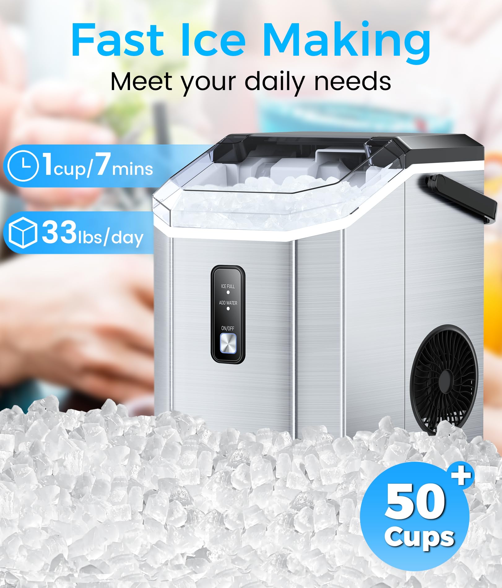 Premium Countertop Nugget Ice Maker - 33lbs/Day, Stainless Steel Portable Ice Machine with Self-Cleaning & Handle | Perfect for Home Bars, Office Breakrooms & Outdoor Parties | Includes Ice Scoop & Basket (Silver)