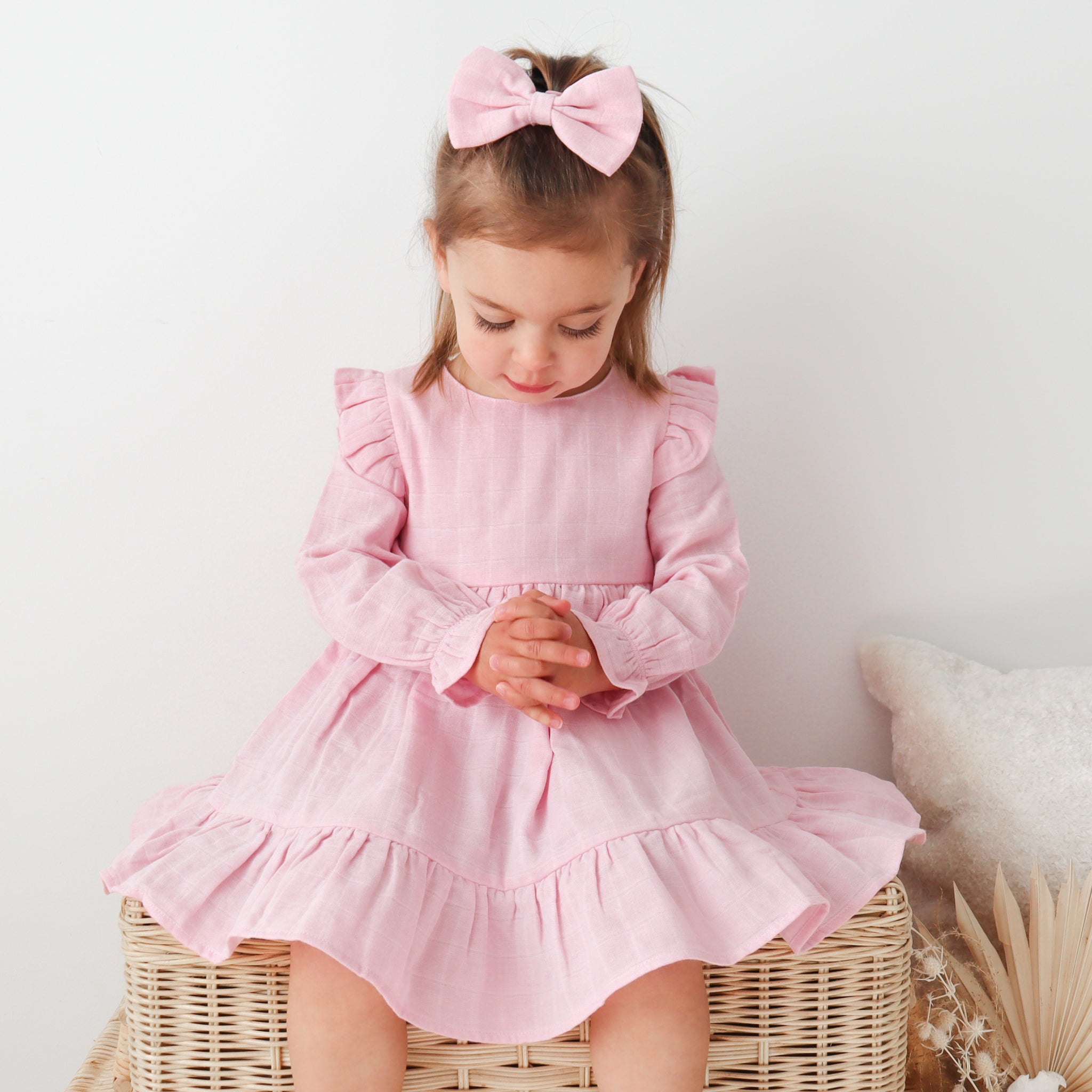 Muslin Ruffle Dress for Baby Girls - Soft Petal Pink Cotton Outfit | Perfect for Photoshoots, Parties & Special Occasions