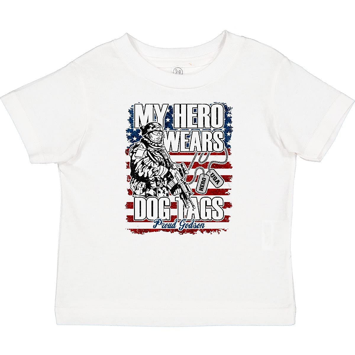 Inktastic Proud Godson My Hero Wears Dog Tags USA Flag Toddler T-Shirt - Patriotic Baby Boy Clothes for Memorial Day, 4th of July & Veterans Day Celebrations