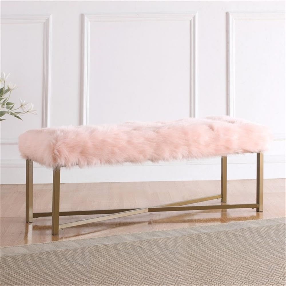 HomePop Faux Fur Ottoman Bench - Pink Upholstered Storage Footrest for Living Room & Bedroom | Cozy Home Decor Furniture | Perfect for Small Spaces, Nursery & Dressing Areas