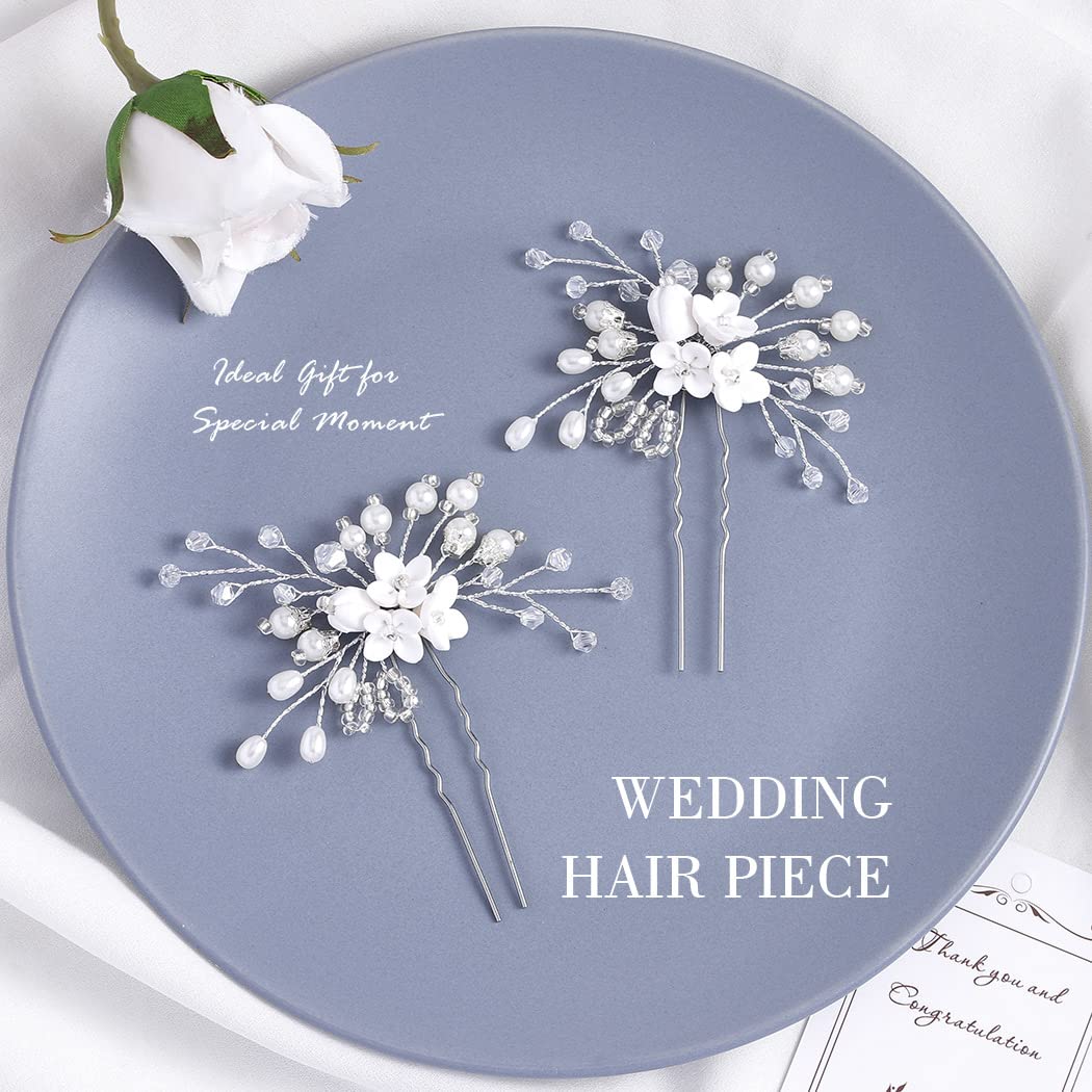 Silver Pearl Bridal Hair Pins - Crystal Rhinestone Hair Clips for Wedding & Party (2 Pack)