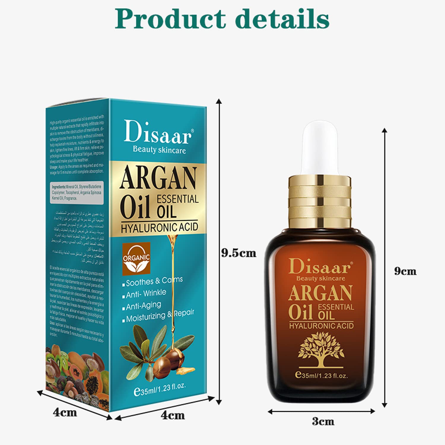 Pure Moroccan Argan Oil with Hyaluronic Acid - Anti-Aging, Anti-Wrinkle, Moisturizing & Repairing Facial Serum (35ml/1.23oz) - For Dry Skin, Night Care & Daily Hydration