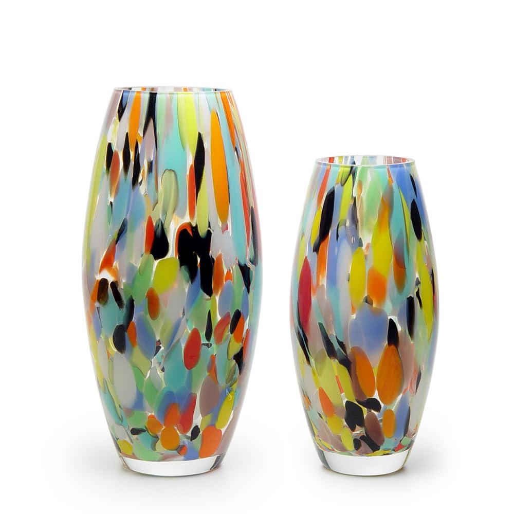 Hand Blown Murano-Style Art Glass Vases - Cá d'Oro Pair of Confetti Effect Colored Glass Vases for Flowers, Home Decor, Wedding Centerpiece & Table Decoration (Oliva P/G Models) - Perfect for Living Room, Dining Table & Gift Giving