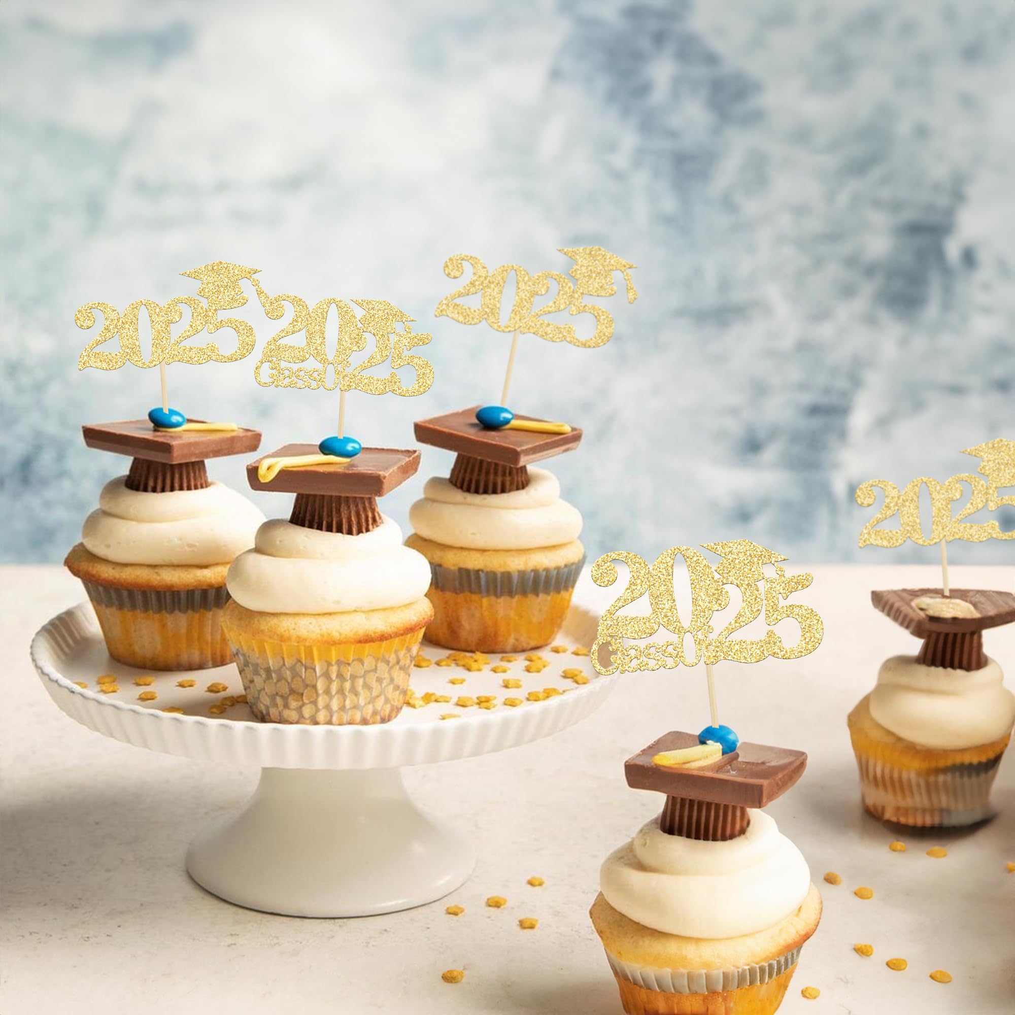 24Pcs Gold Glitter 2025 Graduation Cupcake Toppers - Class of 2025 Cake Decorations for Graduation Party Supplies | Perfect for High School & College Graduation Celebrations, Birthday Cakes, and Dessert Table Decor