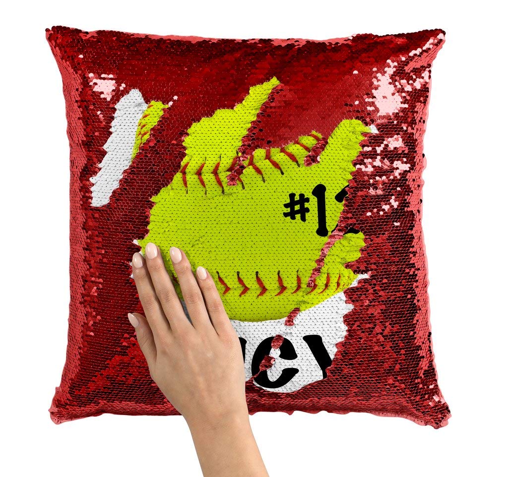 Personalized Softball Fastpitch Sequin Mermaid Flip Pillow - Custom Name & Number - Red Glitter Pillowcase for Players & Fans | Game Day Gift, Bedroom Decor, Sports Team Support