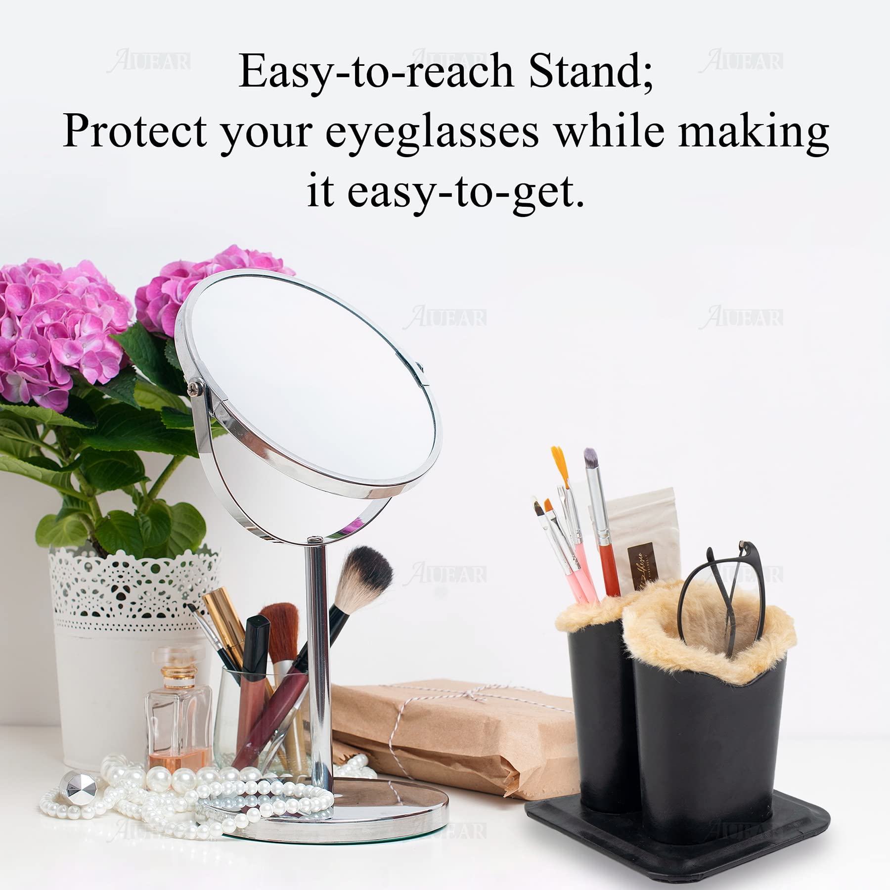 AUEAR Premium Leather Double Eyeglass Holder Stand - Soft Plush Lined Desk Organizer for Glasses & Sunglasses - Perfect for Home Office, Nightstand, School & Travel (Black, 1 Pack) - Keep Your Eyewear Safe & Organized Anywhere