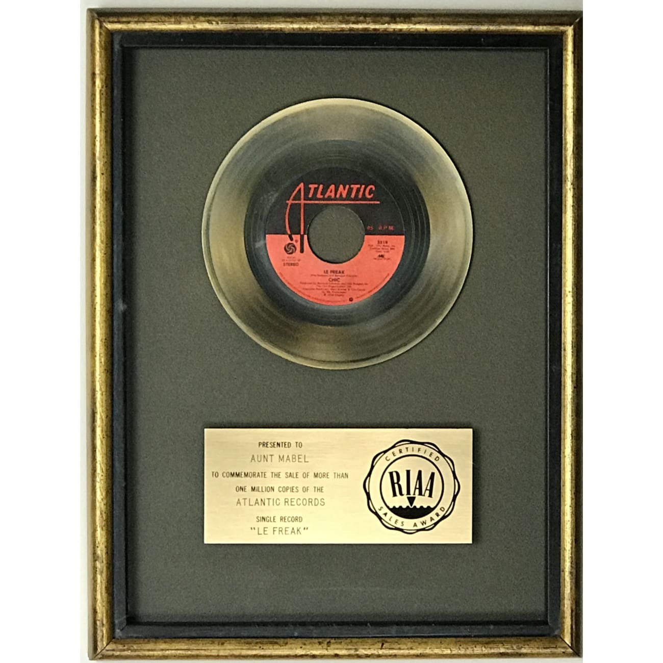 Chic Le Freak RIAA Gold 45 Single Award - Vintage Music Collectible - Perfect for Disco Fans & Record Collectors