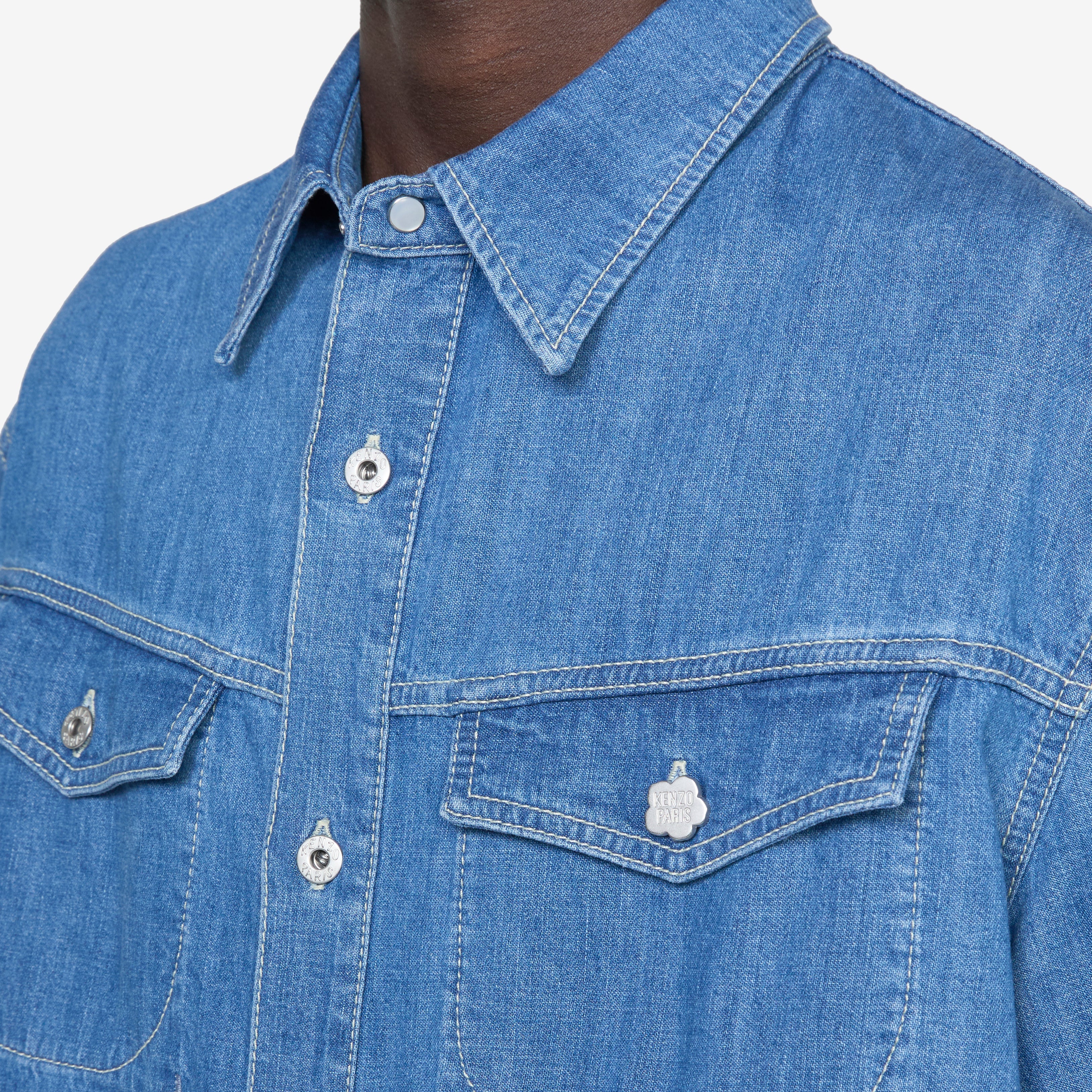 Men's Short Sleeve Casual Shirt - Stone Washed Bleached Blue Cotton Button Down for Summer Outdoor Activities and Travel