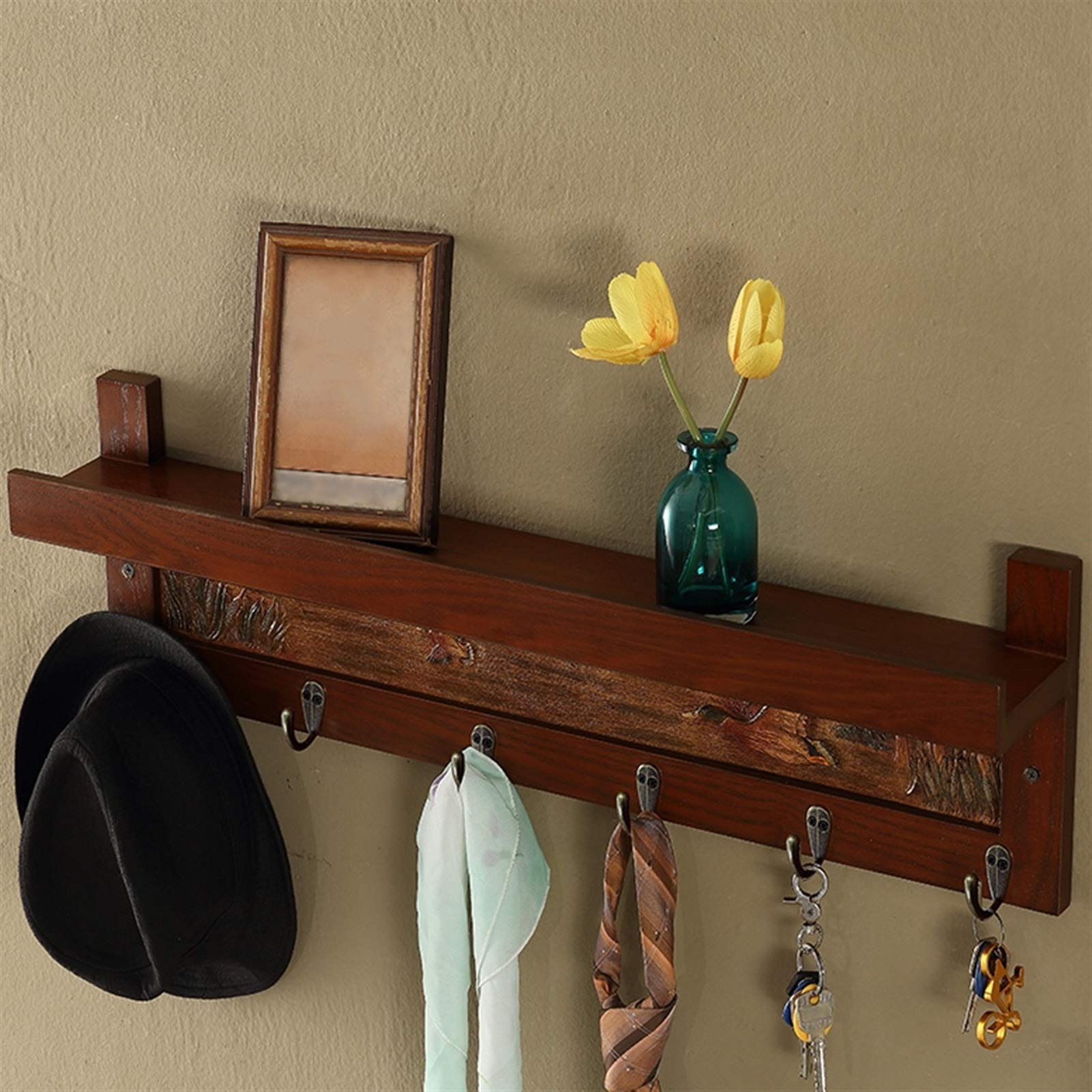 Vintage Wall-Mounted Coat Rack with Shelves - Antique Wooden Hooks for Jackets, Hats & Scarves - Space Saving Entryway, Hallway & Bedroom Storage Solution (Brown)
