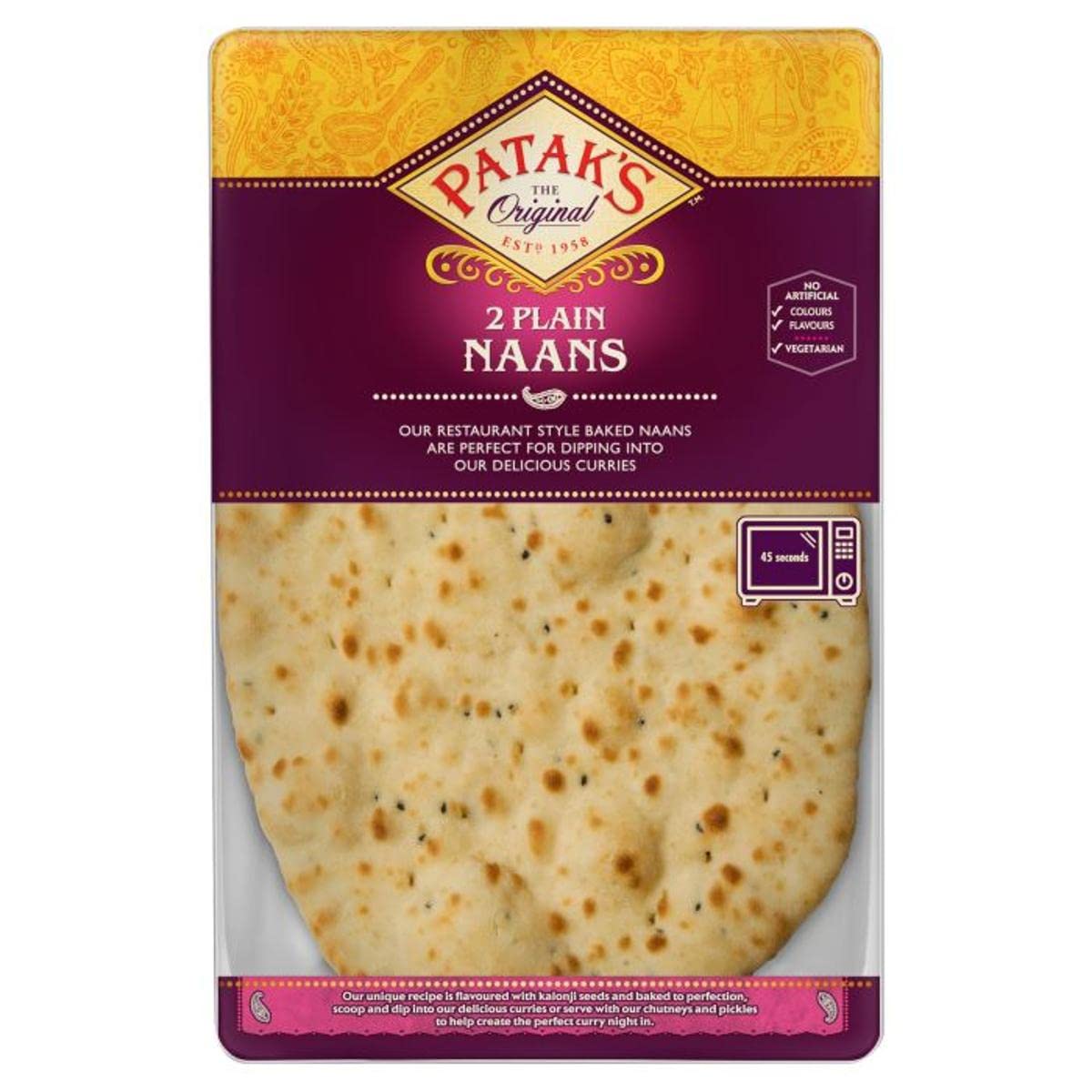 Pataks Plain Naan Bread 2 Pack (280g) - Authentic Indian Flatbread for Curry, Dips & BBQ | Ready-to-Eat Soft Naan Bread for Home Cooking & Parties