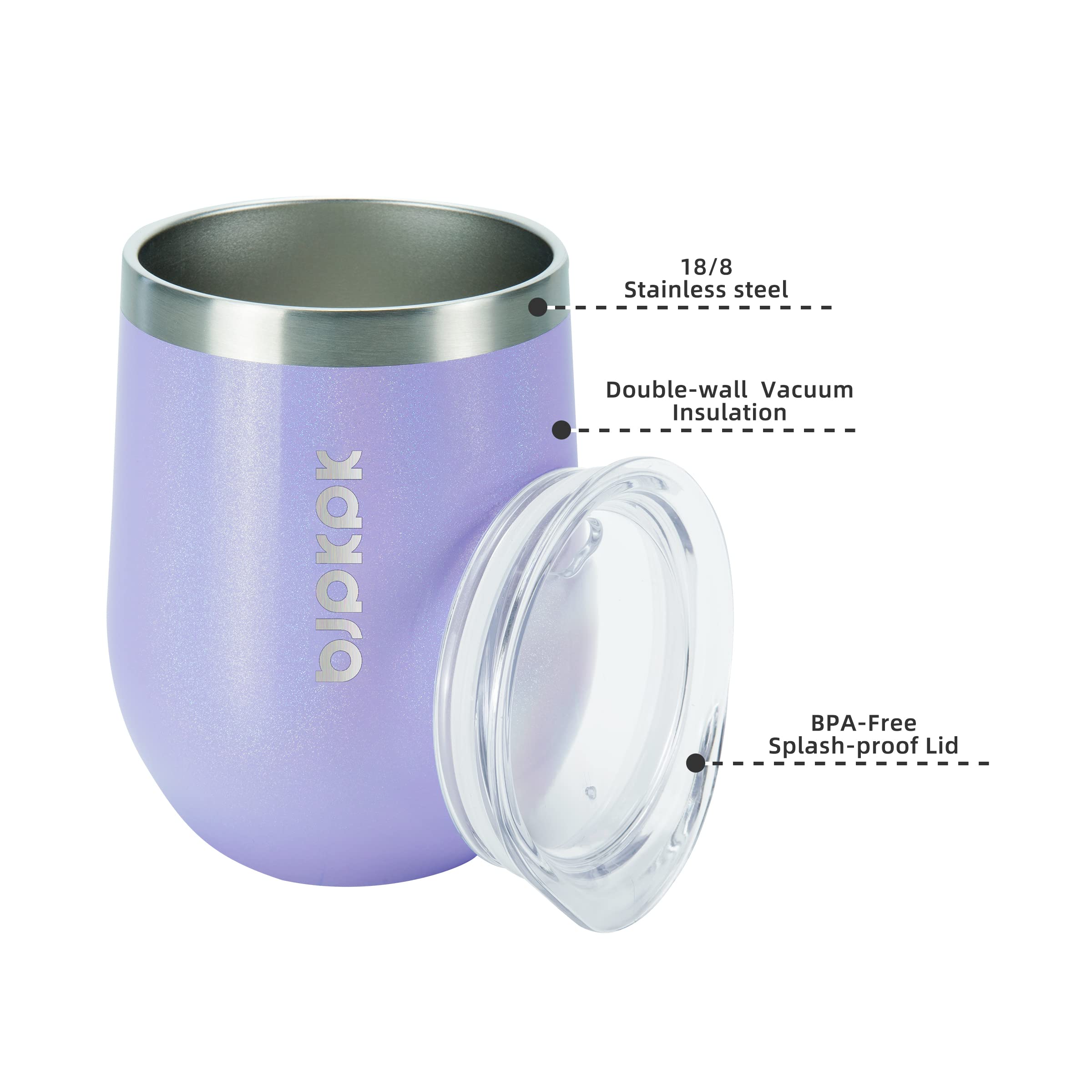 2 Pack 12oz Insulated Wine Tumblers - Double Wall Vacuum Stainless Steel Coffee Mugs with Lid, Unbreakable Wine Glasses for Hot & Cold Drinks - Perfect for Home, Office, Camping & Travel - Light Purple