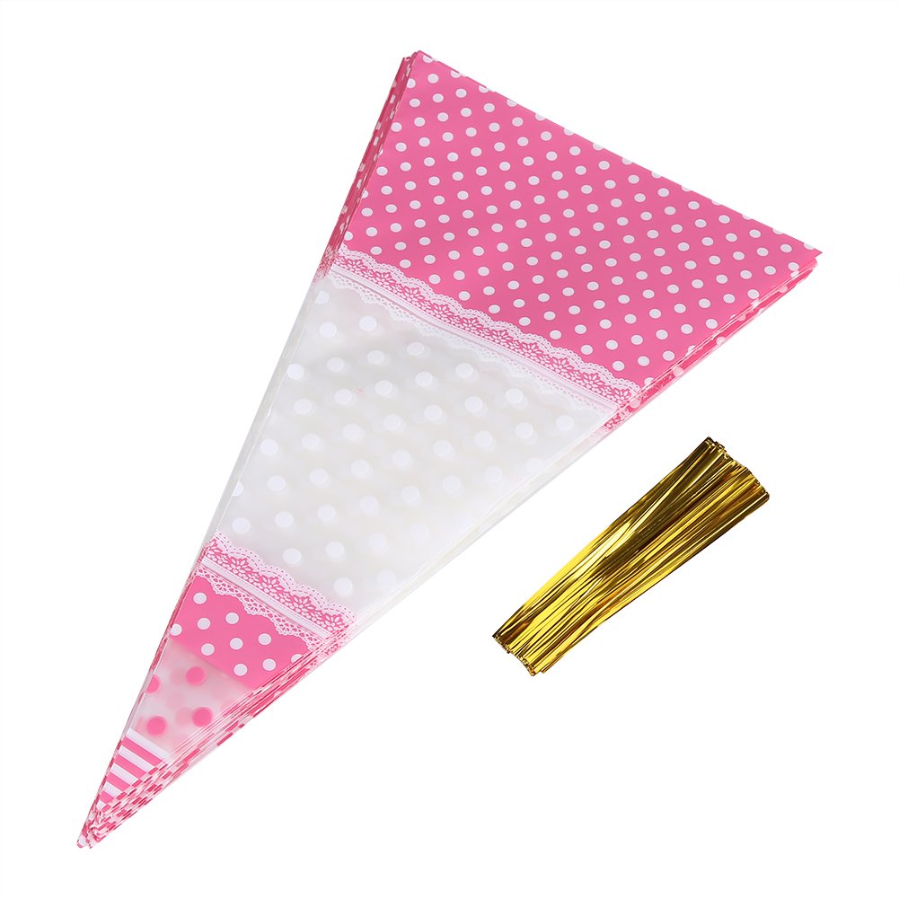 50Pcs Clear Cone-Shaped Treat Bags with Twist Ties - Pink Cellophane Candy & Popcorn Bags for Party Favors, Birthday Treats, Halloween Goodies & Wedding Confections
