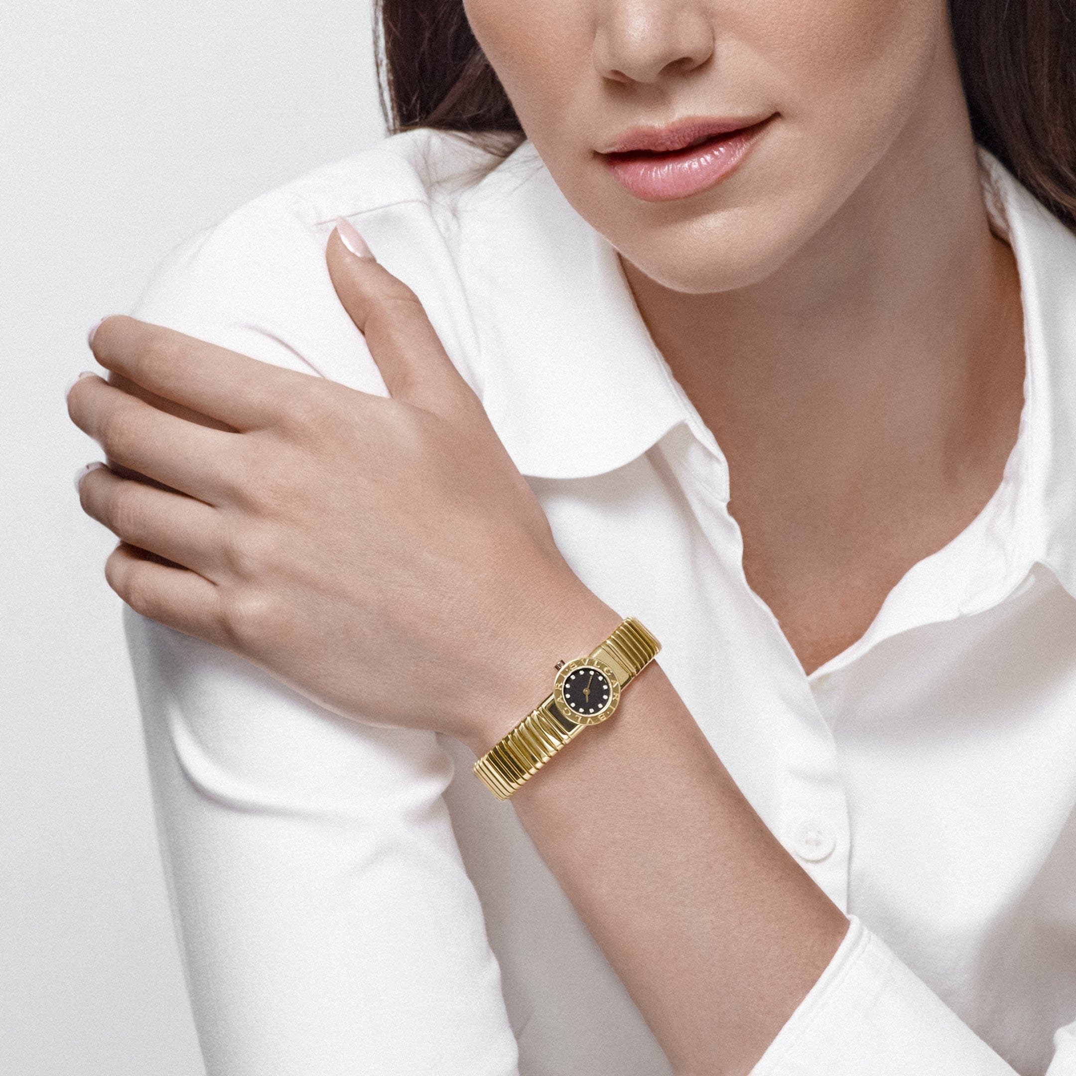 BVLGARI Tubogas BB192TG 1 Row Yellow Gold Black Diamond Dial Quartz Watch for Women - Luxury Italian Jewelry Timepiece for Evening Events & Special Occasions