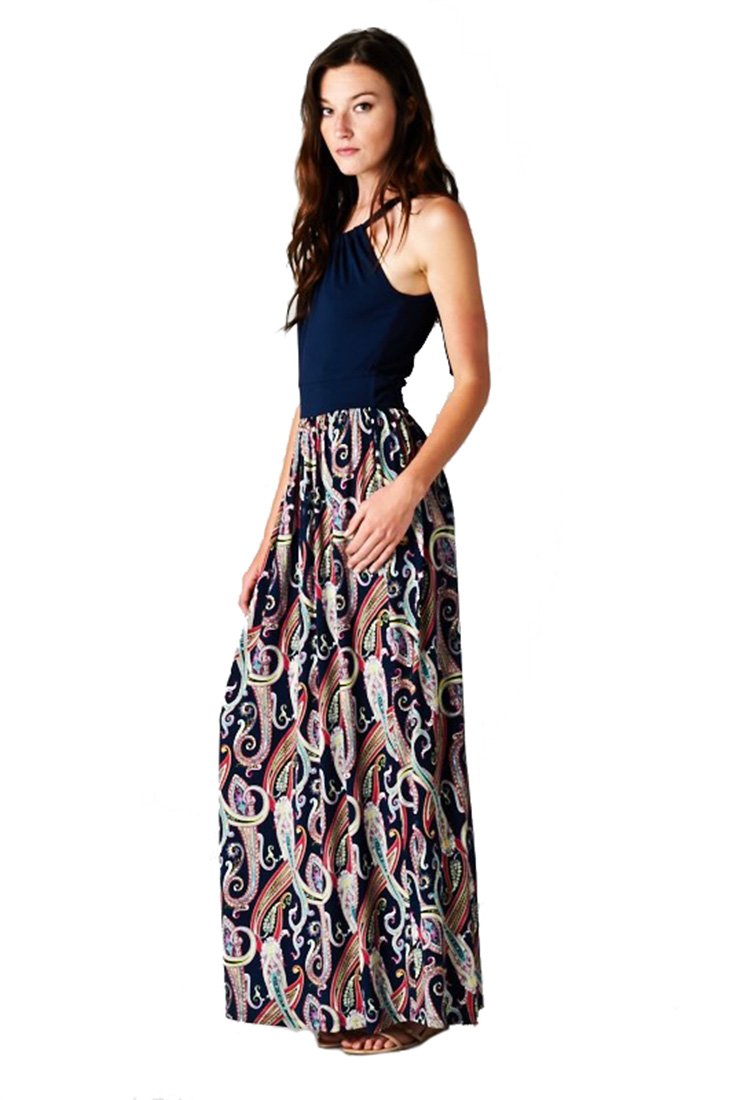 Stylish Multi-Color Paisley Floral Print Sleeveless Halter Maxi Dress for Women | Summer Beach Party, Vacation, Boho Chic Outfit
